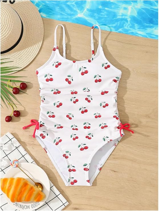 Girl's Cherry Print Swimsuit One Piece Ruched Side Drawstring Summer Beach Bathing Suit