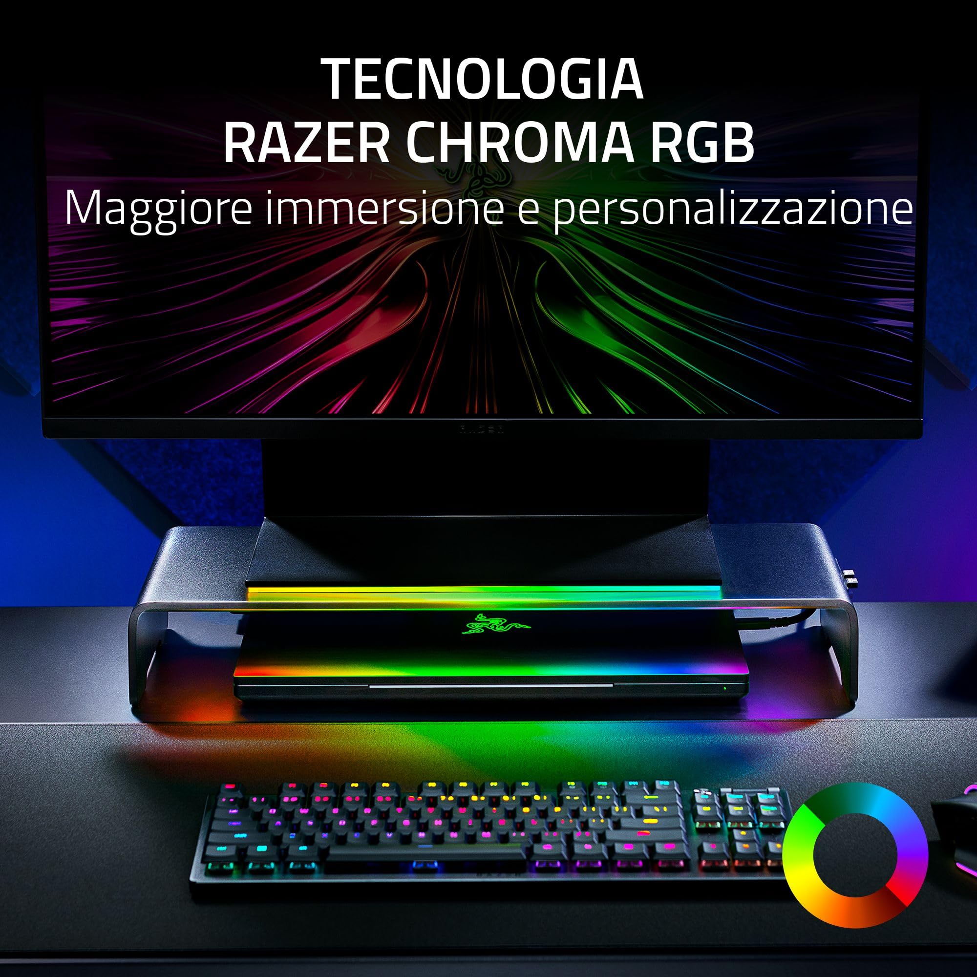 Razer Monitor Stand Chroma - Supporto per monitor in alluminio con hub USB-C a 4 vie con Chroma RGB (50cm x 21cm x 7,85cm, struttura robusta, capacità di carico 20 kg, altezza ergonomica) Nero