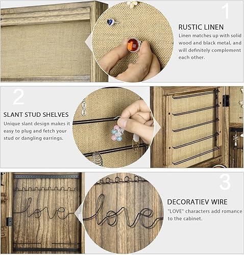 Miniatura 4 de SRIWATANA Armario de joyería organizador de joyas de madera maciza con espejo de longitud completa montado en paredpuerta negro carbonizado Negro