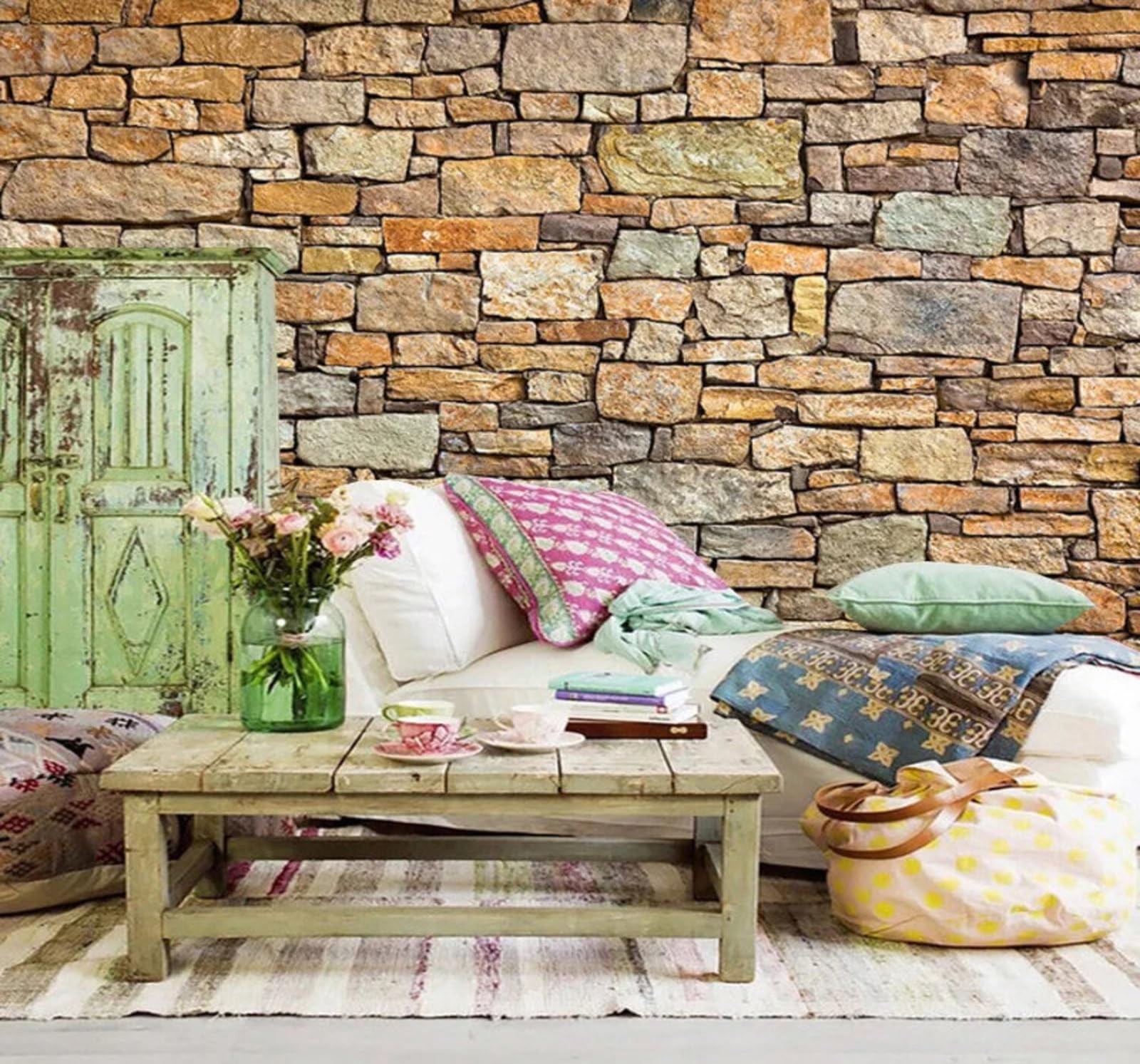 Wallpaper-3D-Xlm 350Cm×256Cm(B×H) Retro Nostalgic Stone Walls Cafés Bars Decor 3D Wallpaper Easy Install Feature Office Living Room Sofa Bedroom Tv Background Wall Decoration-350Cm×256Cm