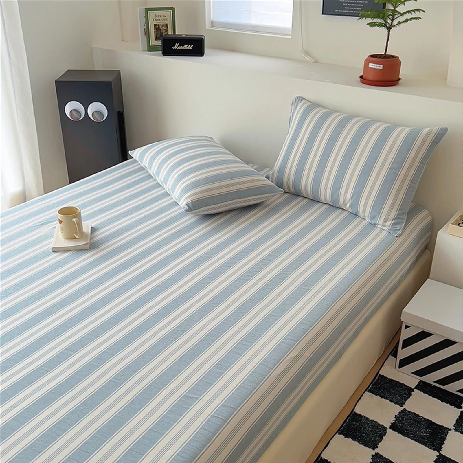 Draps Housses Drap-Housse en Coton, Lin Teint Fil à Rayures