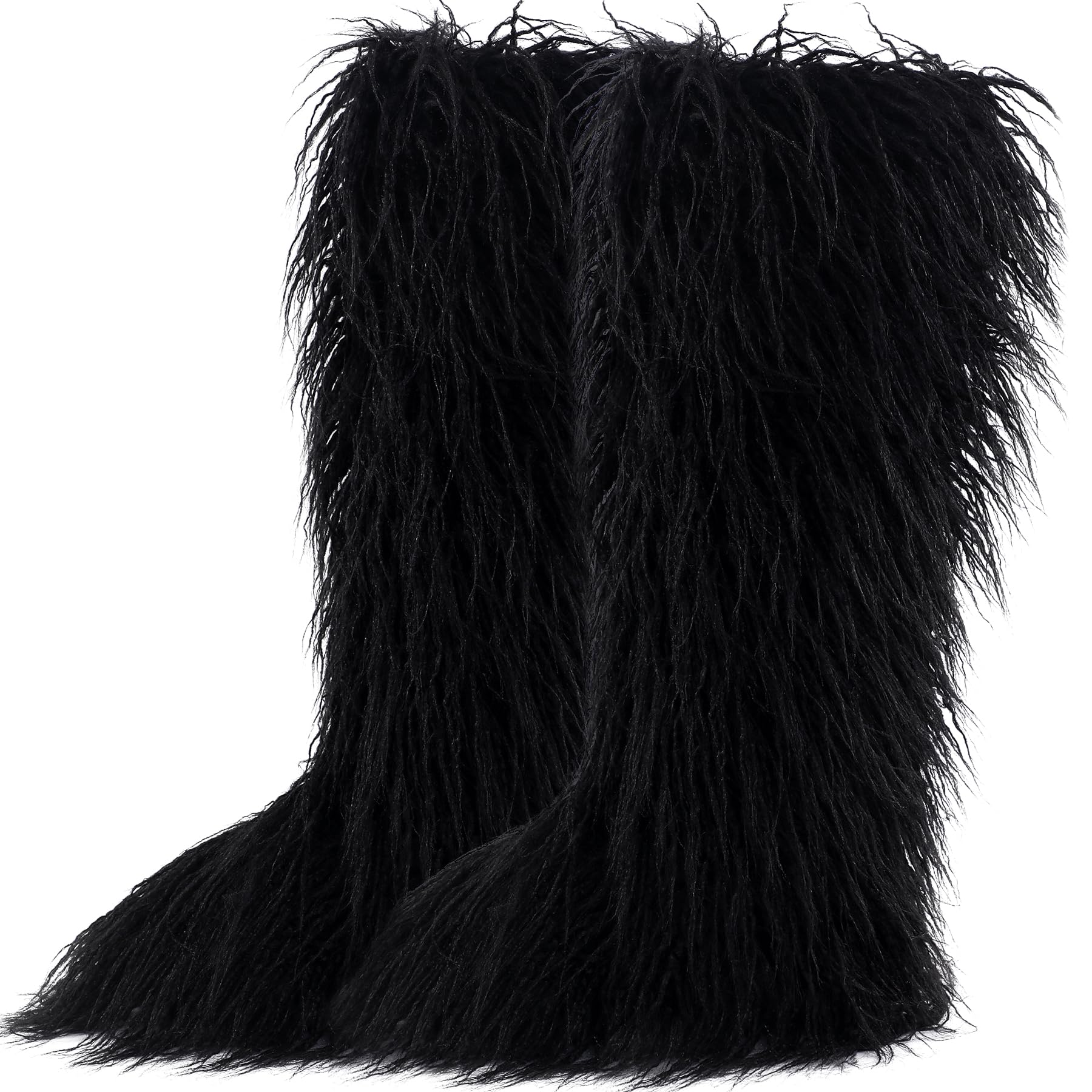 Photo 1 of Valpeak Faux Fur Tall Furry Boots for Womens,Long Winter Boots for Girls,Mongolian Fluffy Boots for Kids Fuzzy Knee-High Boots(BlackTwo,9)