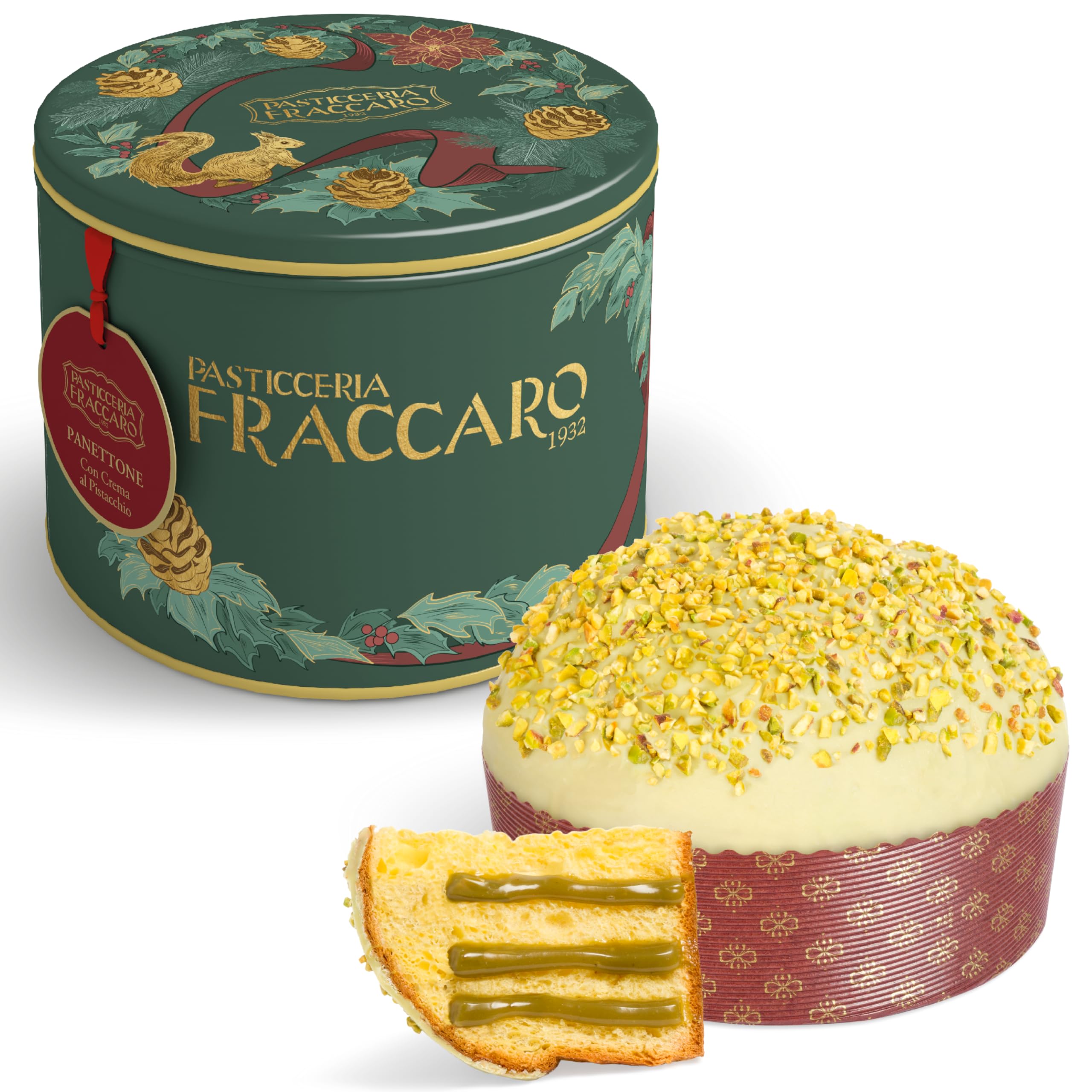 Handwerklicher Pistazien-Panettone 750 g, Pasticceria Fraccaro 1932, gefüllt mit Pistaziencreme, ohne kandierte Früchte und Rosinen, dunkle Schokolade und sizilianische Pistazienkruste, mit Mutterhefe