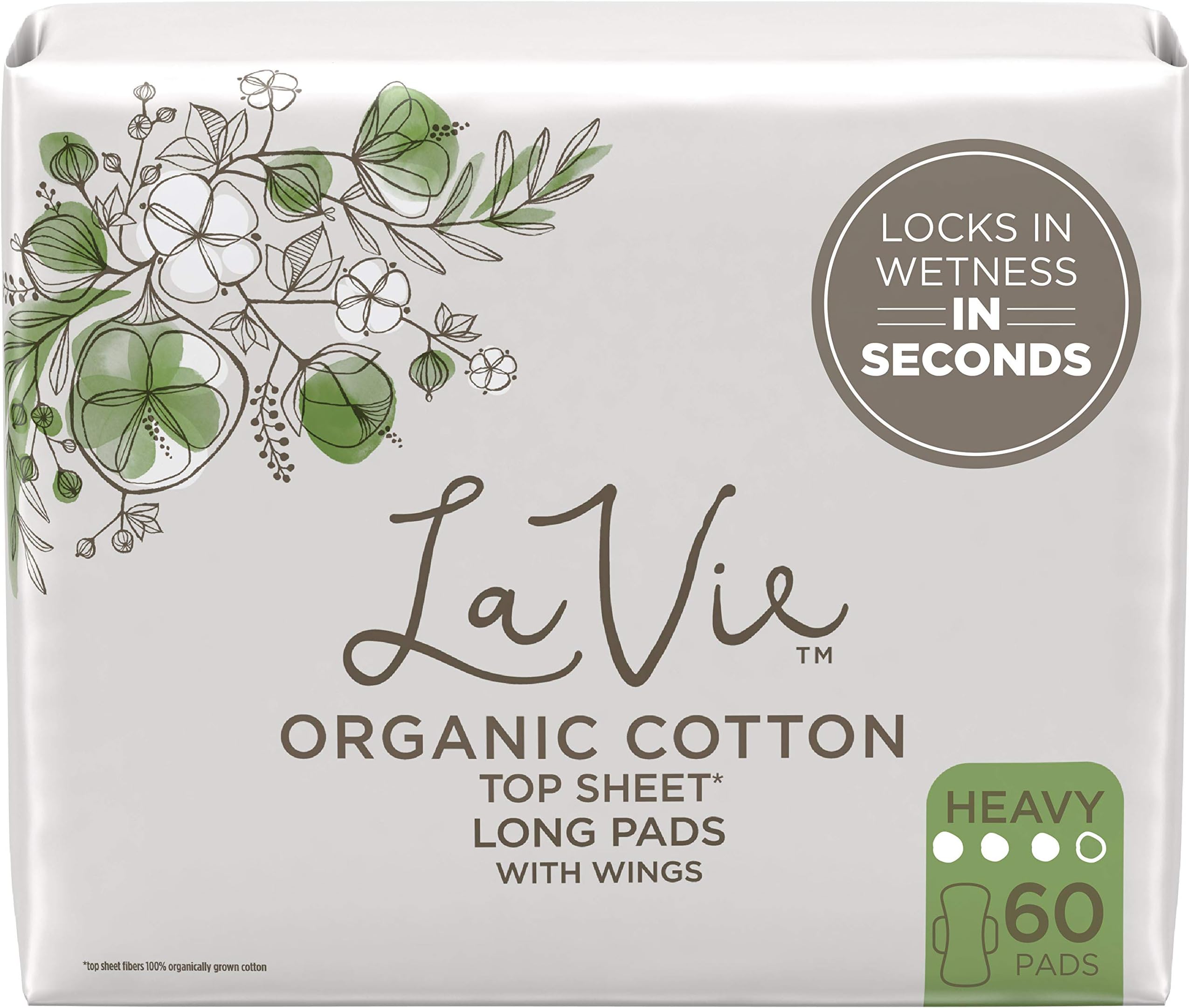 La Vie Organic Cotton Top Sheet* Pads with Wings, Heavy Absorbency, Long, 60 Count (4 Packs of 15)