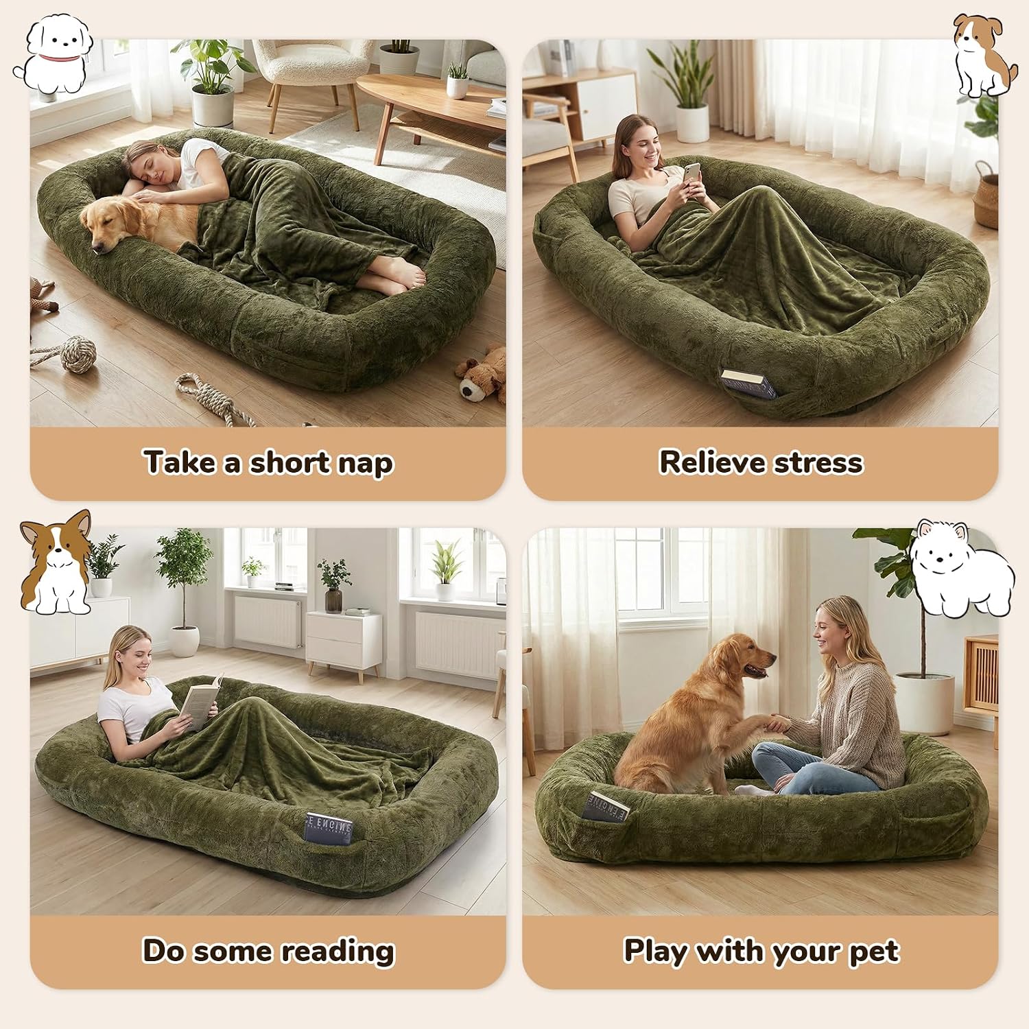 Human Dog Bed, 71 x 47 x 12 in Washable Extra Large Dog Bed for People, Giant DogBed with Storage Pockets, Green