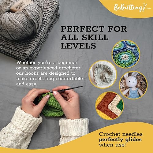 Miniatura 7 de BeKnitting Juego de 12 ganchos de ganchillo y agujas para principiantes, adultos y niños, aluminio negro de alta calidad, día de la madre,