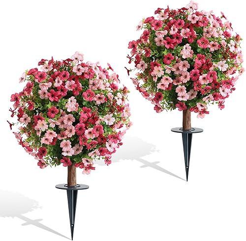momoplant Árbol de bola artificial de boj con flores de mamá, planta sintética de 24 pulgadas de alto con picos de tierra, juego de 2 arbustos de
