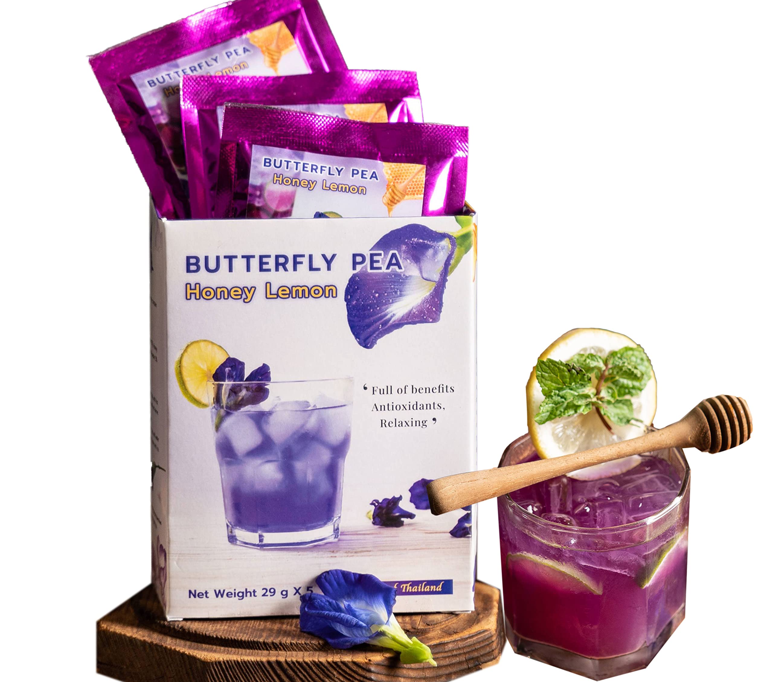 Honey Lemon Butterfly Pea Tea Mix Instant Tea Powder 50gram (5 Sachets) - Thai Tea Powder For Iced Tea, Hot Tea Drink, Cocktail Party