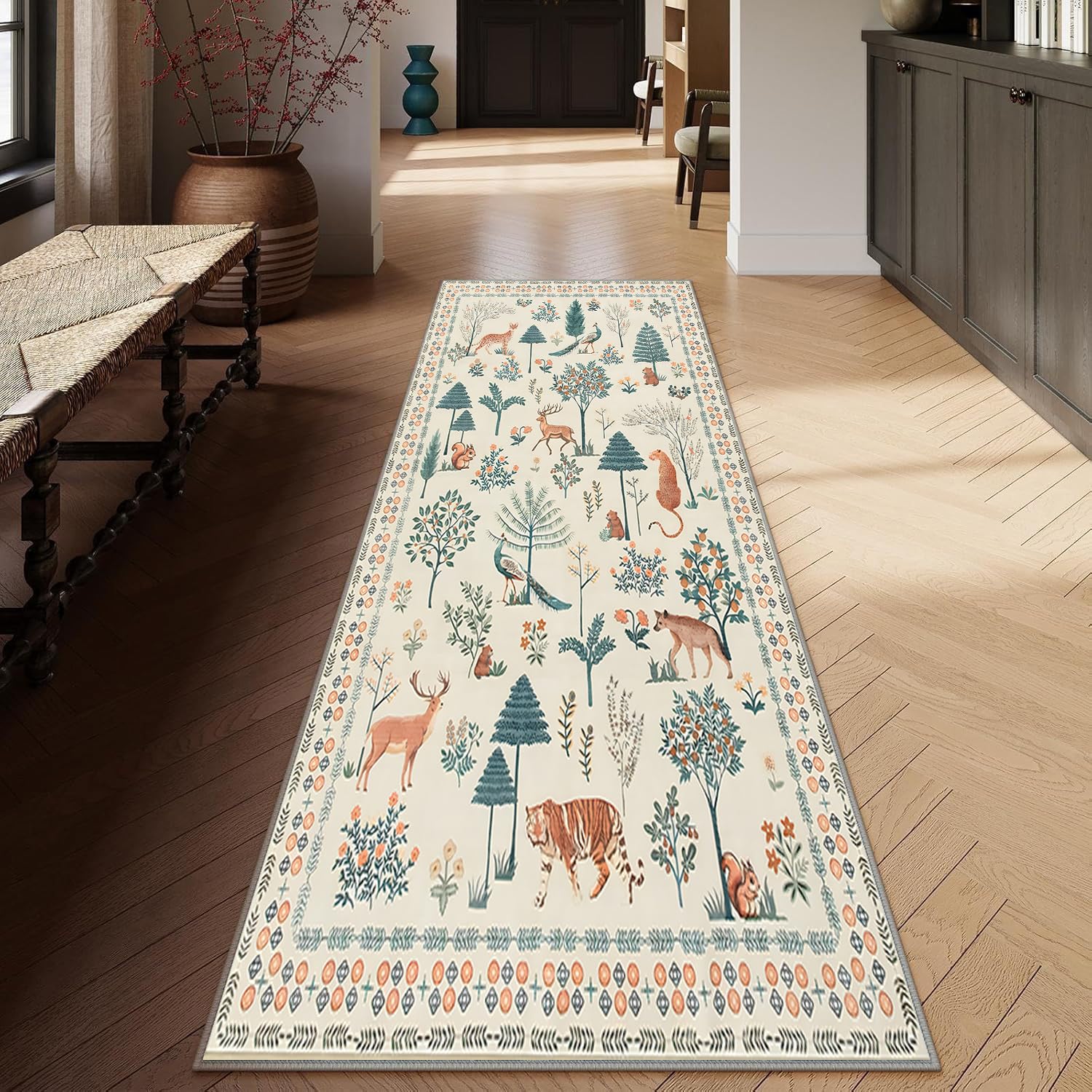 Tapis de passage salon chambre beige 60x160 avec motif floral vintage