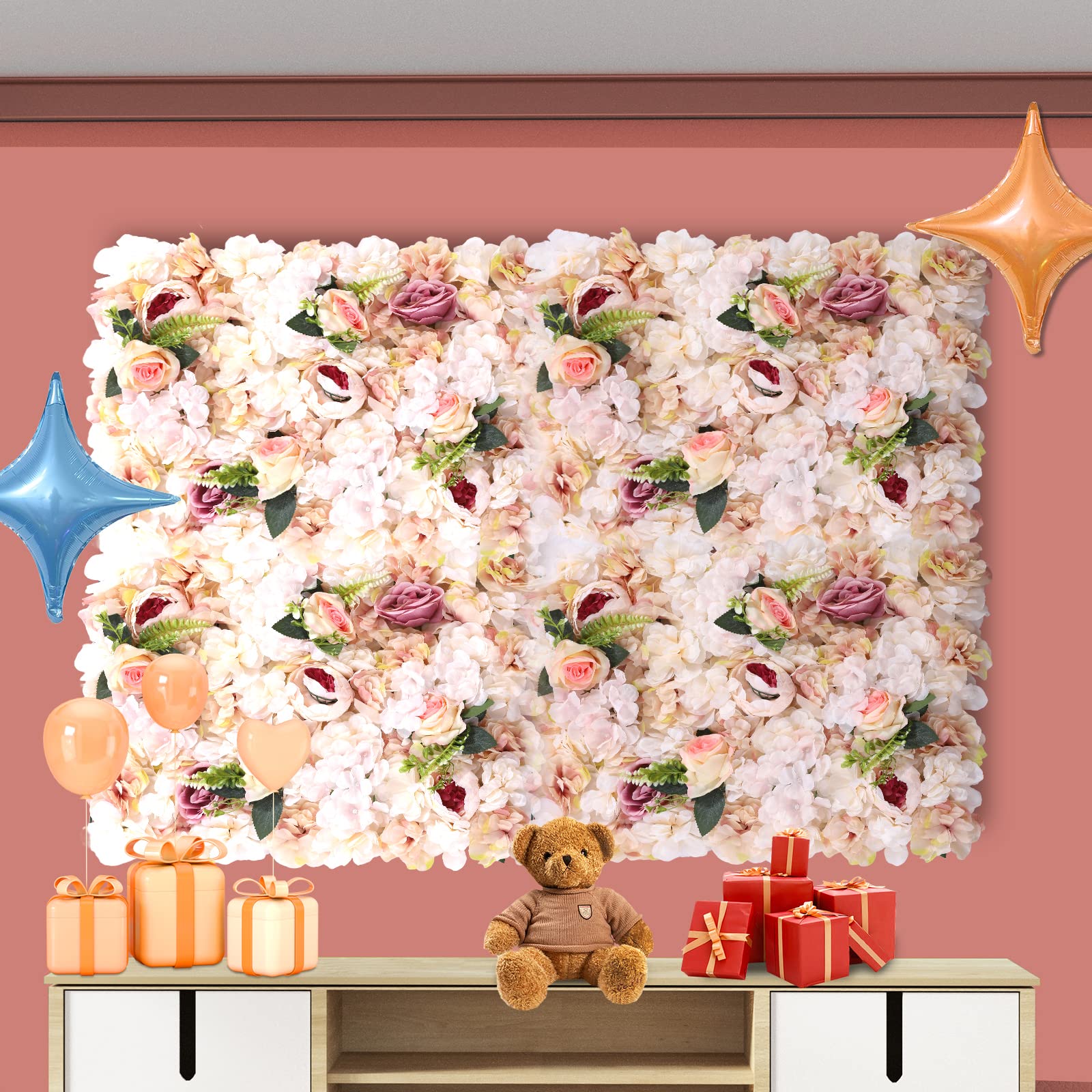 6 Stück Blume Wandpaneele Rosa,Künstliche Rose Hintergrund,Blume Wand Hintergrun,Realistische Blätter,für die Wanddekoration in Hochzeitslocations, Fotografiegebäuden, Bekleidungsgeschäften,40 cm x 60