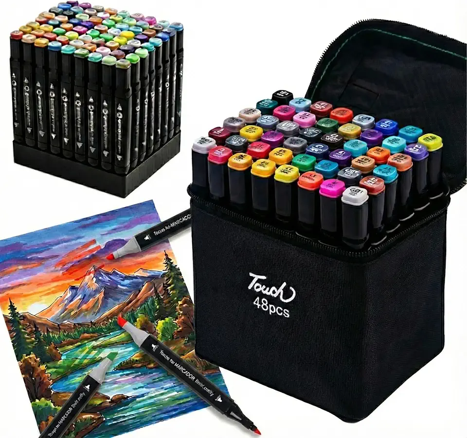 Kit Canetinhas para Colorir 48 Cores Inclui Base Organizadora– Canetas Dupla Ponta Profissionais | Canetinha Marcador Lápis de Cor para Pintura, Desenho, Escola e Artesanato