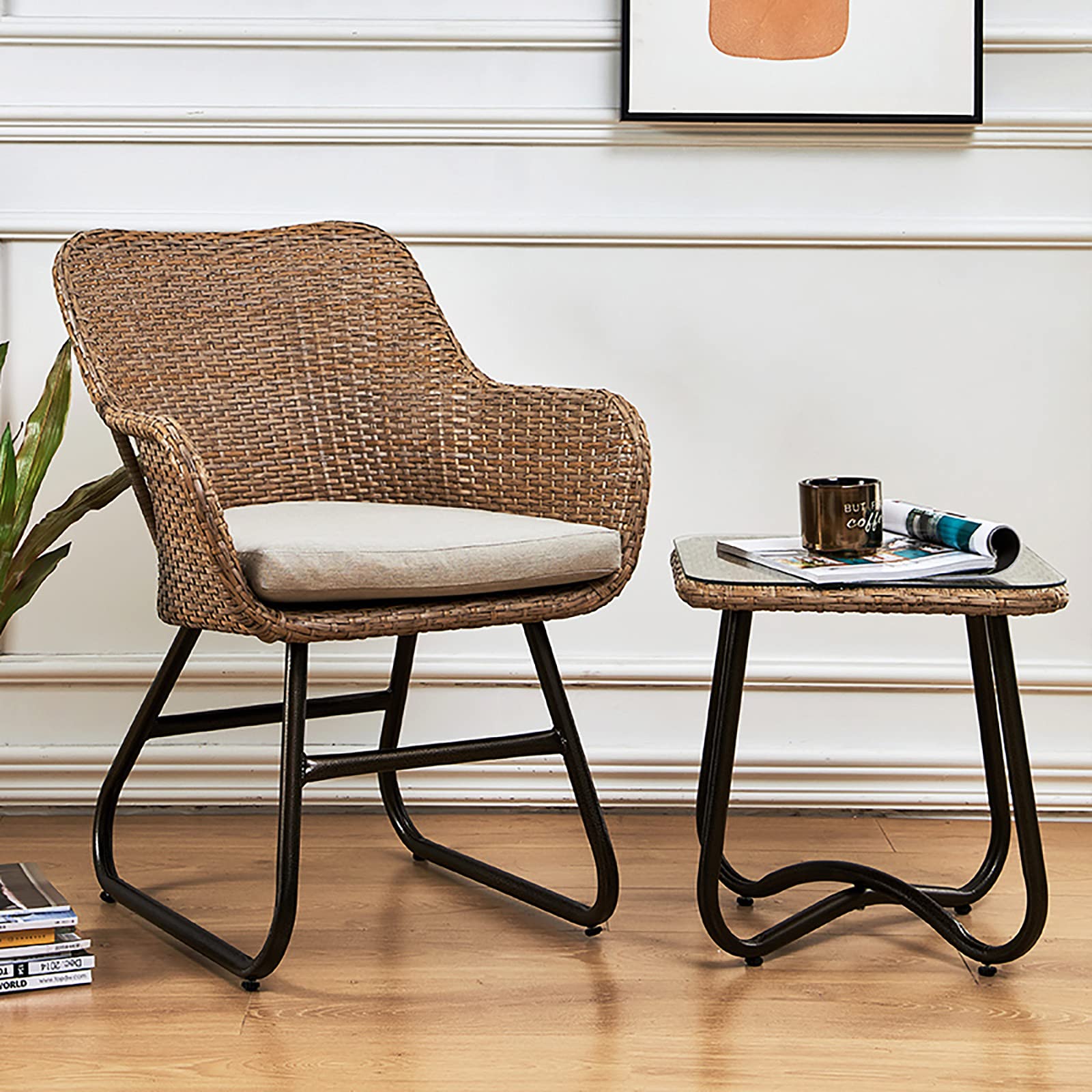 Set da Bistrot 3 Pezzi con Poltrone e Tavolo con Ripiano in Vetro Temperato, Set Mobili da Giardino con Protezione Ambientale in Rattan PE, Mobili da Giardino in Rattan con Intrecciato a Mano