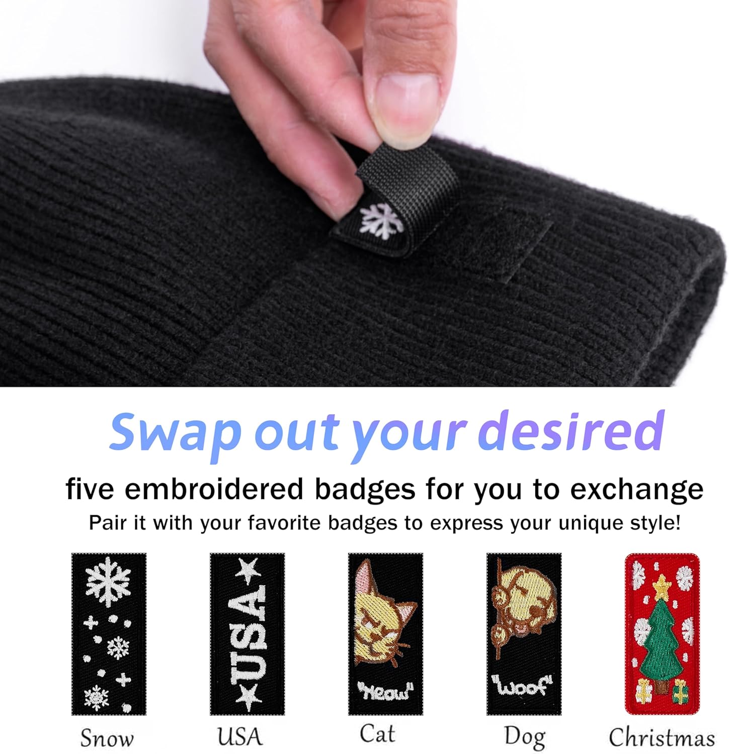 Men's and Women‘s Beanies with Turned-Up Brim Thickened Knit Winter Skull Hat Includes One hat and Five Interchangeable Badges Black - Image 2