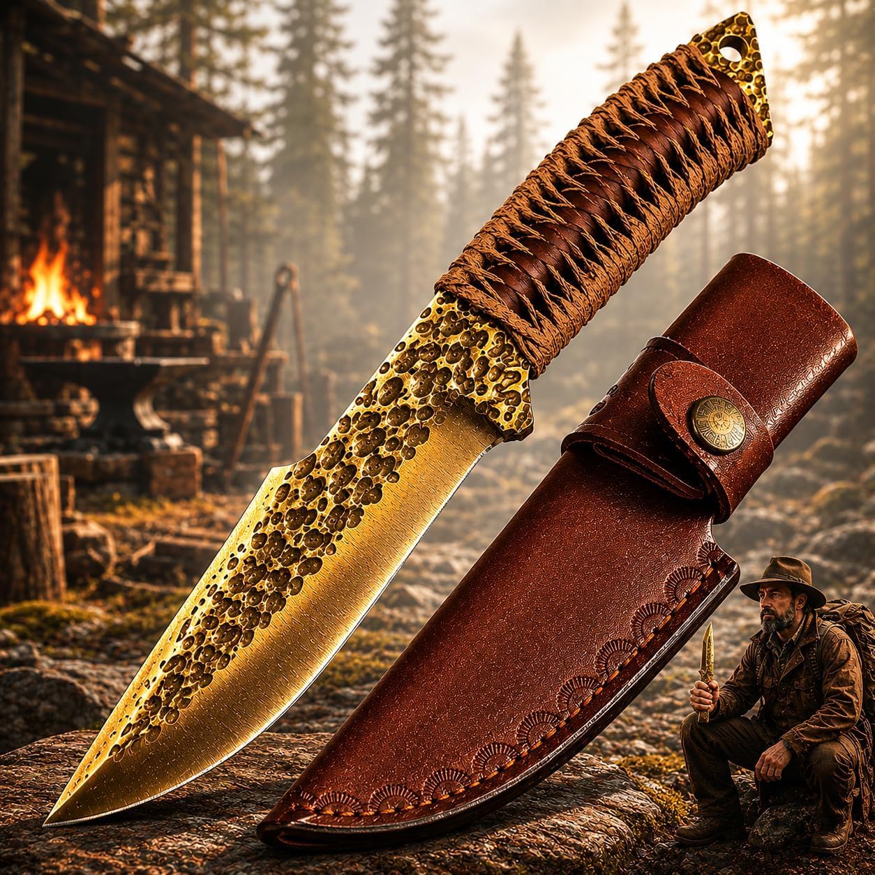 Swords and more Coltello da Caccia Forgiato a Mano Stile Celtico – Lama Dorata in Acciaio 7CR17MOV con Fodero in Pelle – Coltello a Lama Fissa Robusto ed Equilibrato