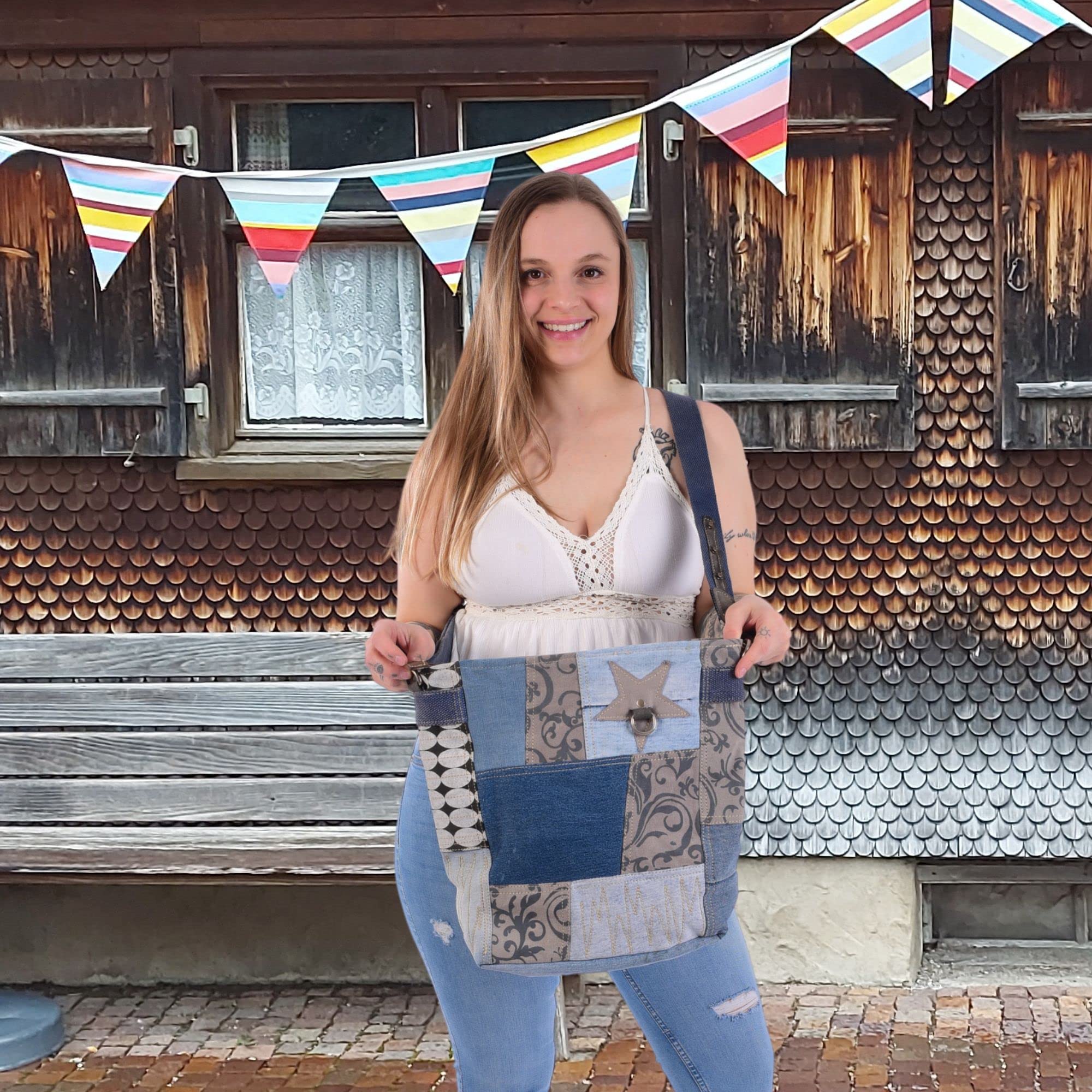 Sunsa Damen Umhängetasche. Große Nachhaltige Jeanstasche. Patchwork Tasche