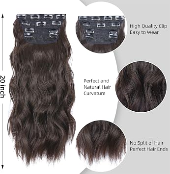 Brown Hair Extensions Clip ins, 4Pcs Long Wavy Synthetic Clip in Hair Extensions for Women Girls (Color: Brown)