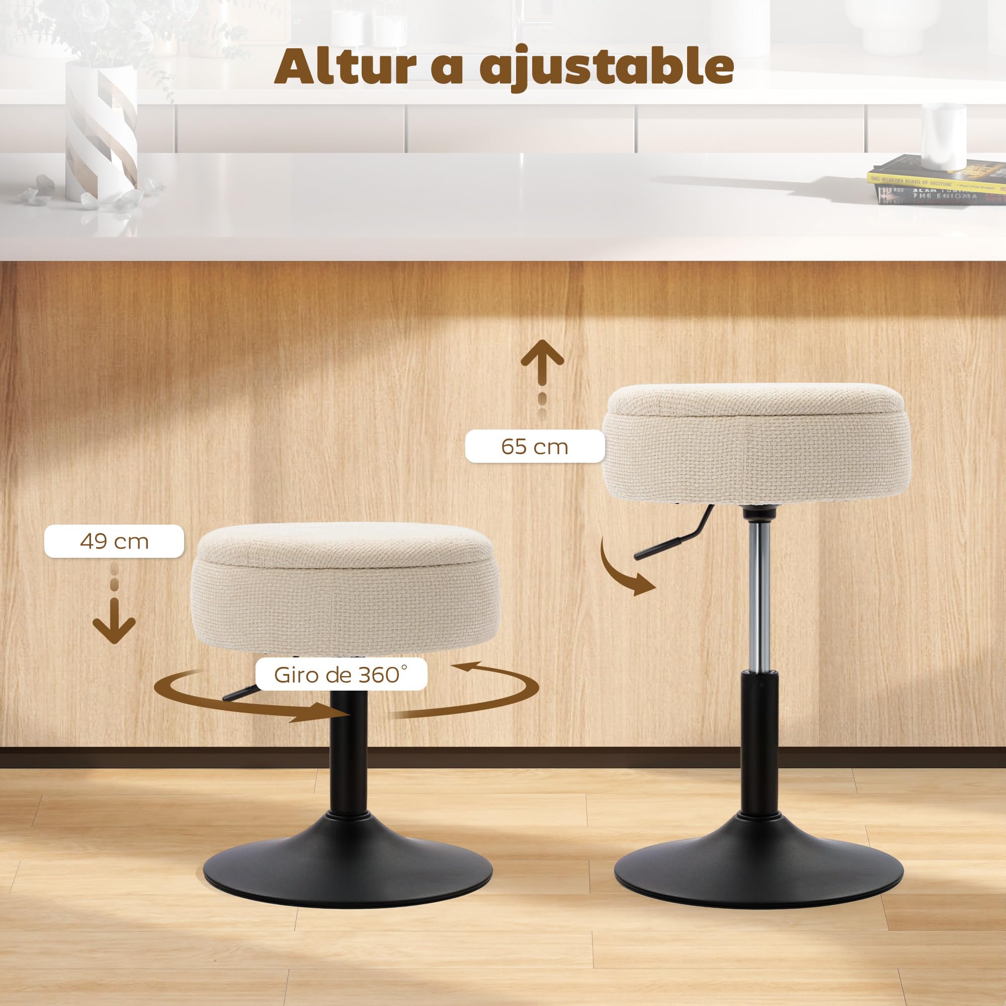 HOMCOM Taburete de Bar con Almacenaje, Altura Ajustable, Taburete de Cocina Redondo, Giratorio, Tapizado en Chenilla, Base de Acero, Diseño Botones, Acolchado, para Salón, Comedor, Oficina, Beige