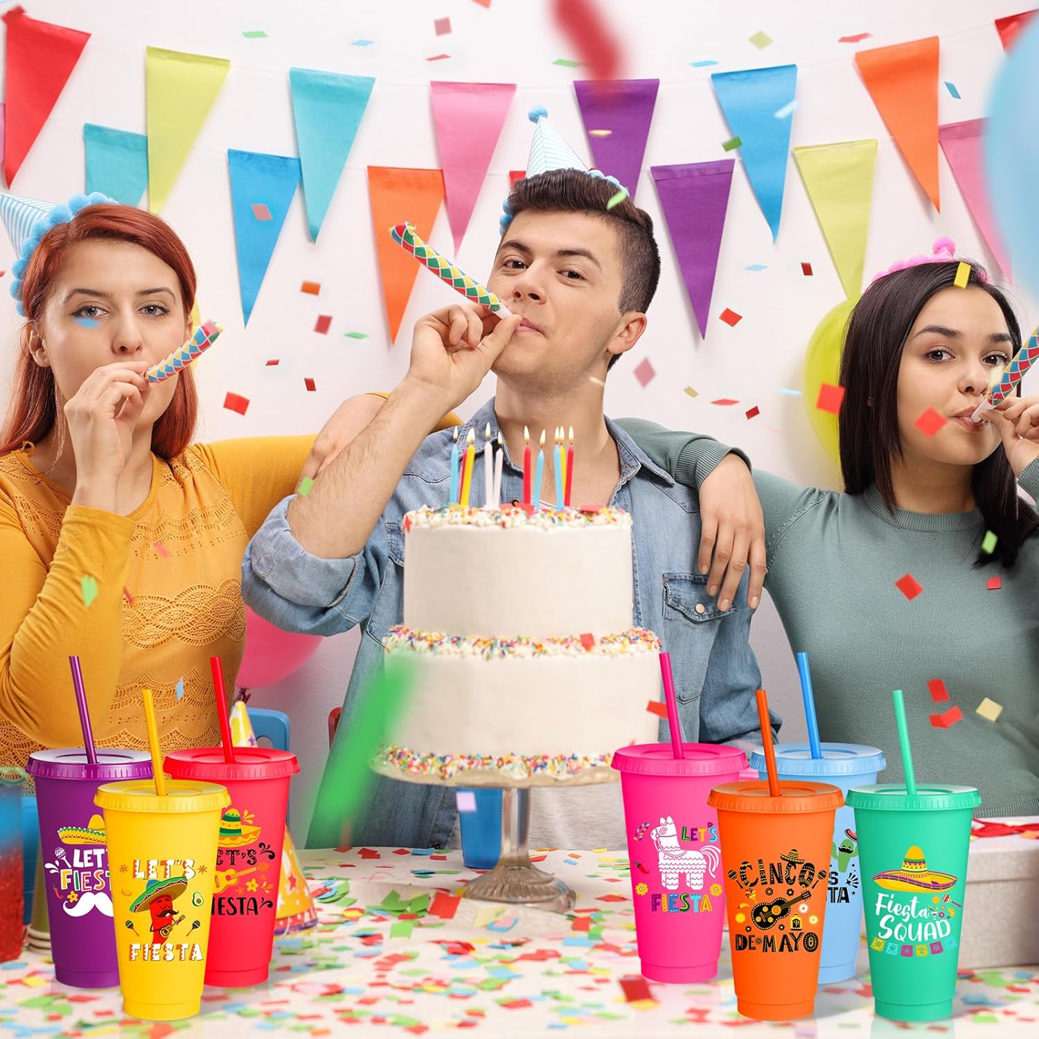 35 Pcs Fiesta Tumbler with Straw and Lid 24 oz Mexican Water Bottle Iced Coffee Travel Mug Cup Reusable Plastic Cups for Cinco De Mayo Party Decorations Fiesta Taco Birthday Party