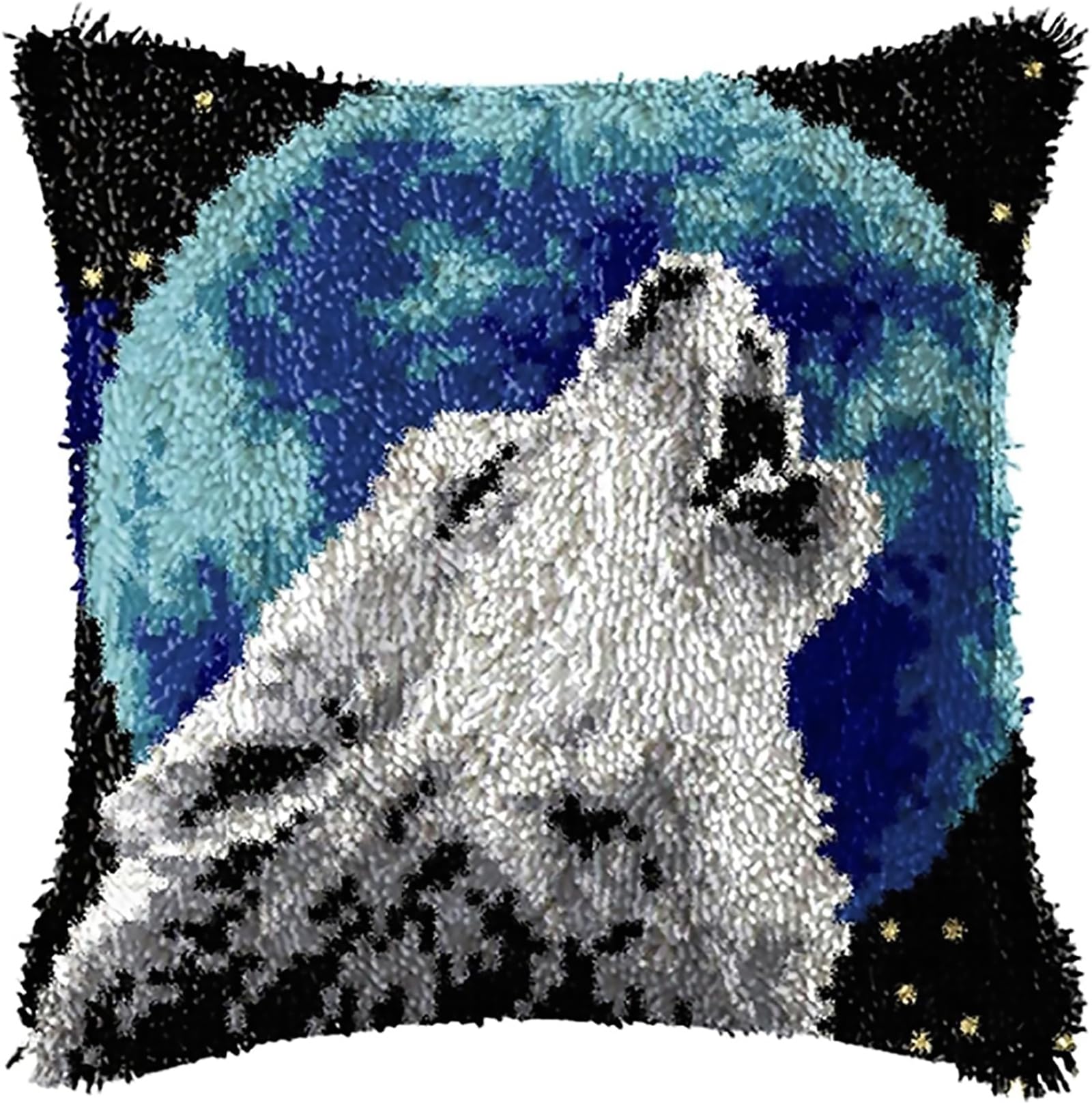 ZFFLYH Latch Hook Kits DIY Throw Pillow Cover Sofa Cushion Cover Cushion Cover Embroidery Craft Kit for Adults And Beginners Pattern Printed Canvas Creativity Crochet Gift 17X17 Inch,Moon Wolf