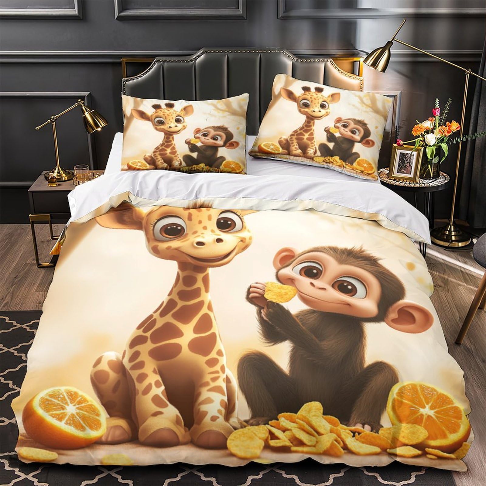 Housse de couette girafe 140x200 cm en microfibre avec 2 taies d'oreiller