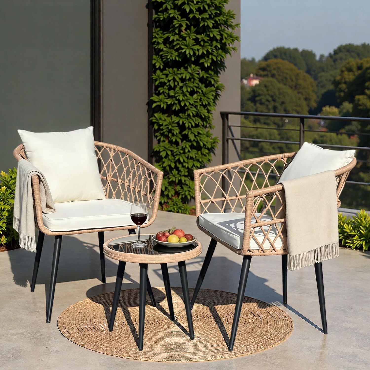 3 Piece Patio Furniture Set, Outdoor Wicker Balcony Furniture Sets, All-Weather Rattan Outdoor Bistro Set for Backyard, Balcony and Deck with Soft Cushions, Glass Side Table(Beige)