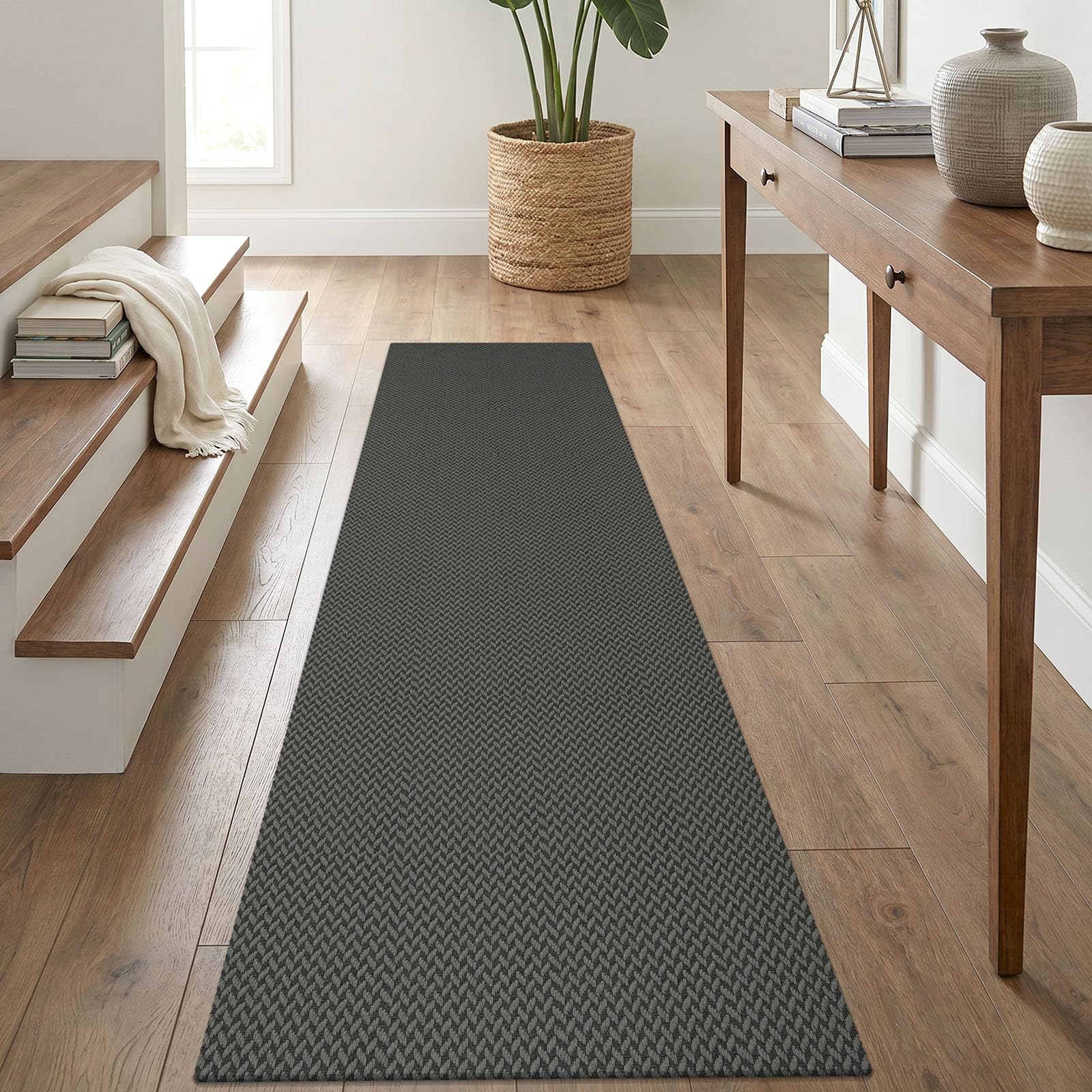 IOHOUZE Washable Runner Rug 2x8 Non Slip Rubber Backed Hallway Runner Entryway Runner Indoor, Kitchen Rugs Woven Cotton Floor Carpet for Kitchen Hall Entrance Bedroom, Grey/Black