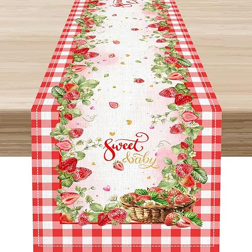 Miniatura 8 de Bonito camino de mesa de fresa, rosa retro de los años 70, diseño floral de verano de los años 70, decoración de mesa auxiliar para el hogar,