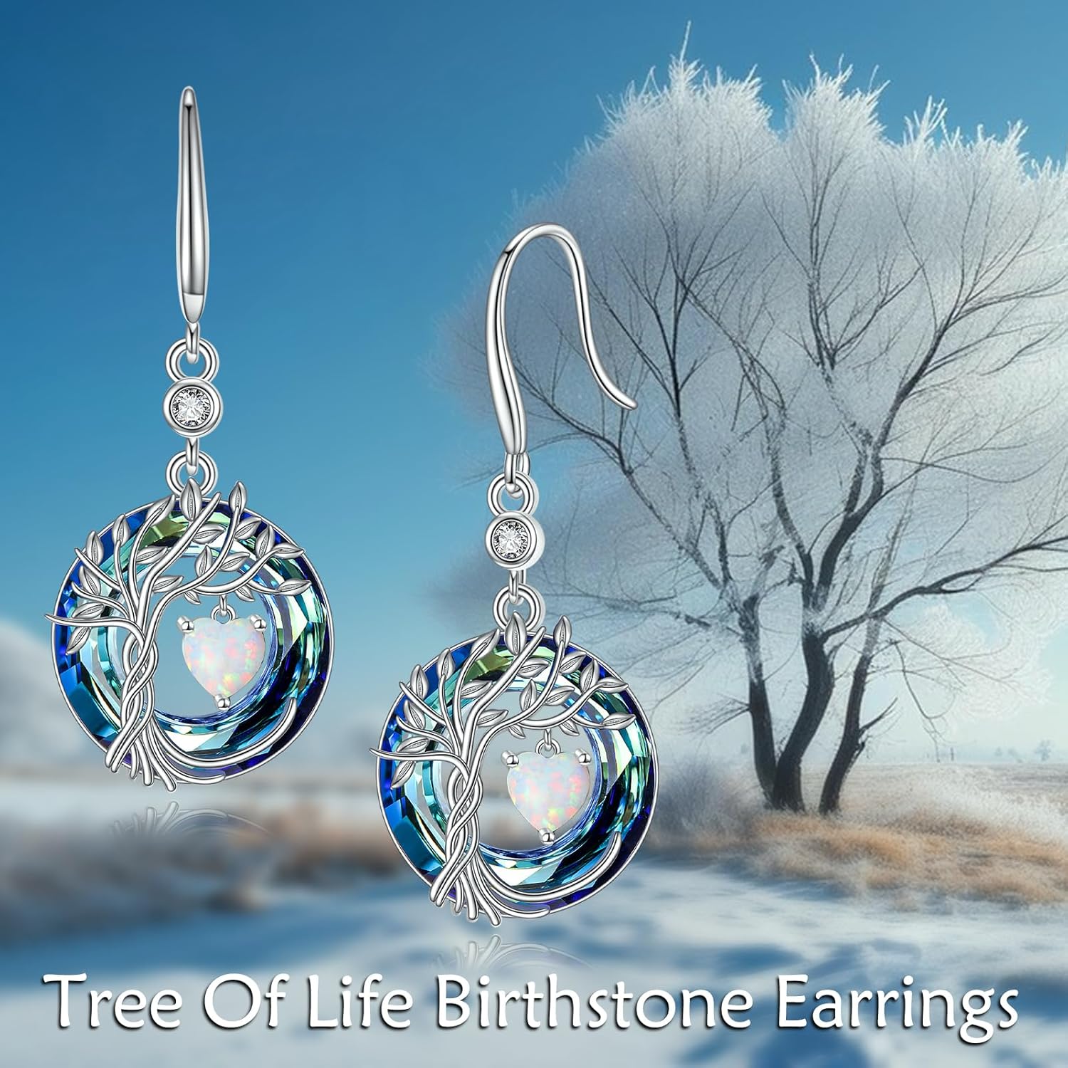 POPLYKE Tree of Life Birthstone Earrings 925 Sterling Silver Dainty Gemstone Birthstone Dangle Drop Earring with Crystal Fine Jewelry Birthday Gifts for Women Her - Image 2