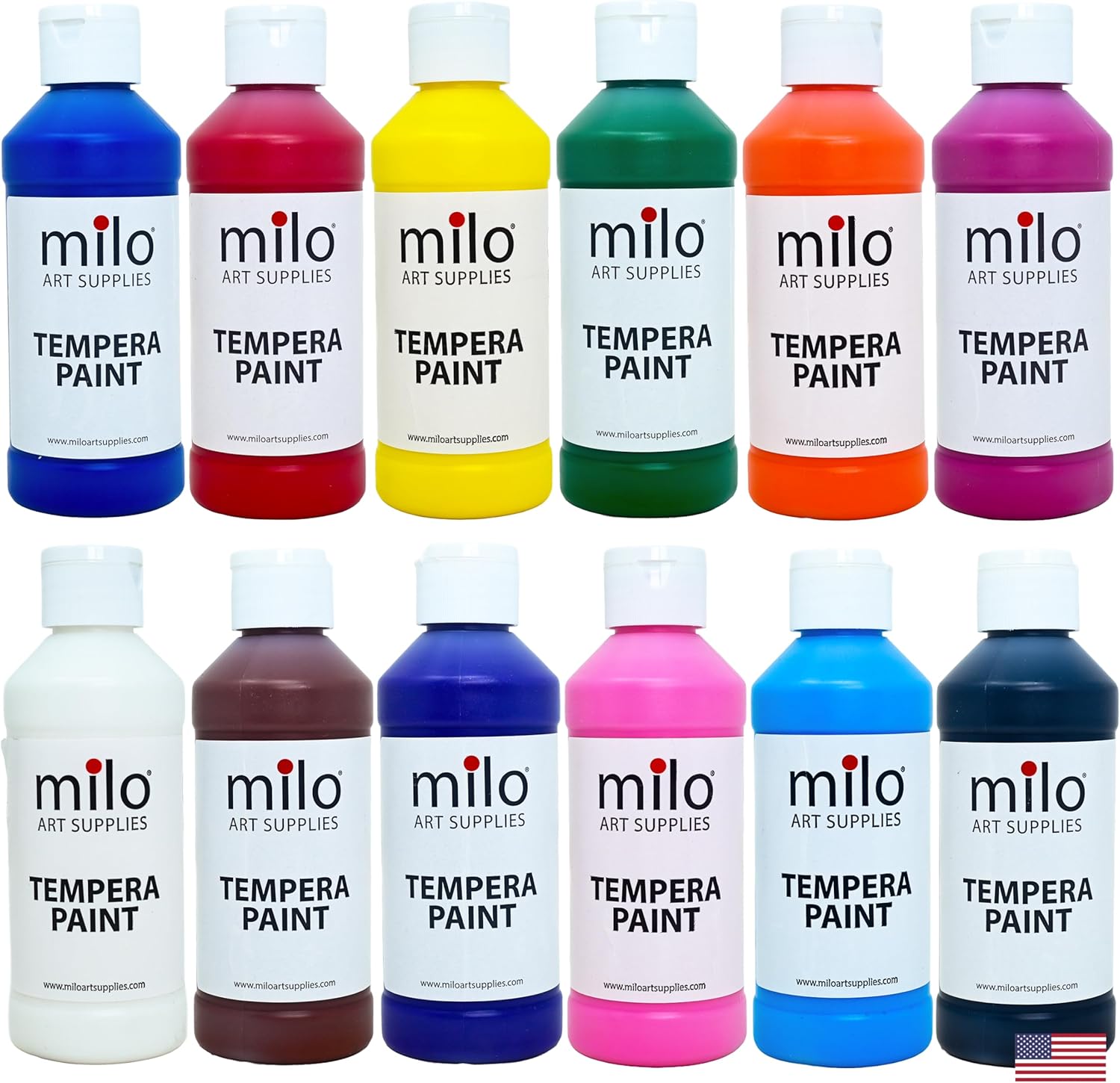 milo Washable Paint | 12 Colors 8 oz Bottles | Made in the USA | Safe and Non-Toxic Tempera Paint for Arts & Crafts, Poster, Window, Classroom, School