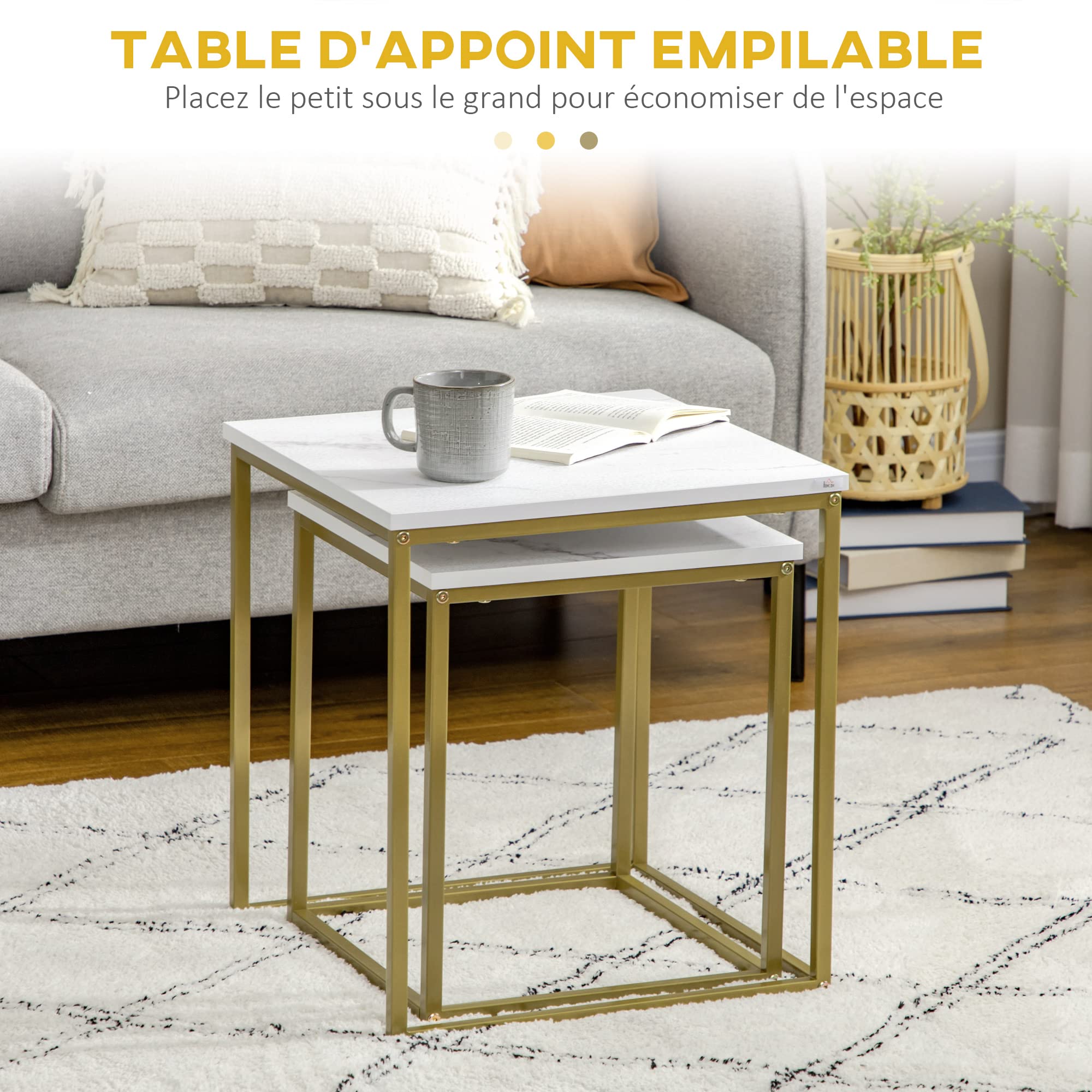 HOMCOM Lot de 2 Tables Basses gigognes Tables carrées Plateau Blanc Aspect marbre et Pied en Acier doré