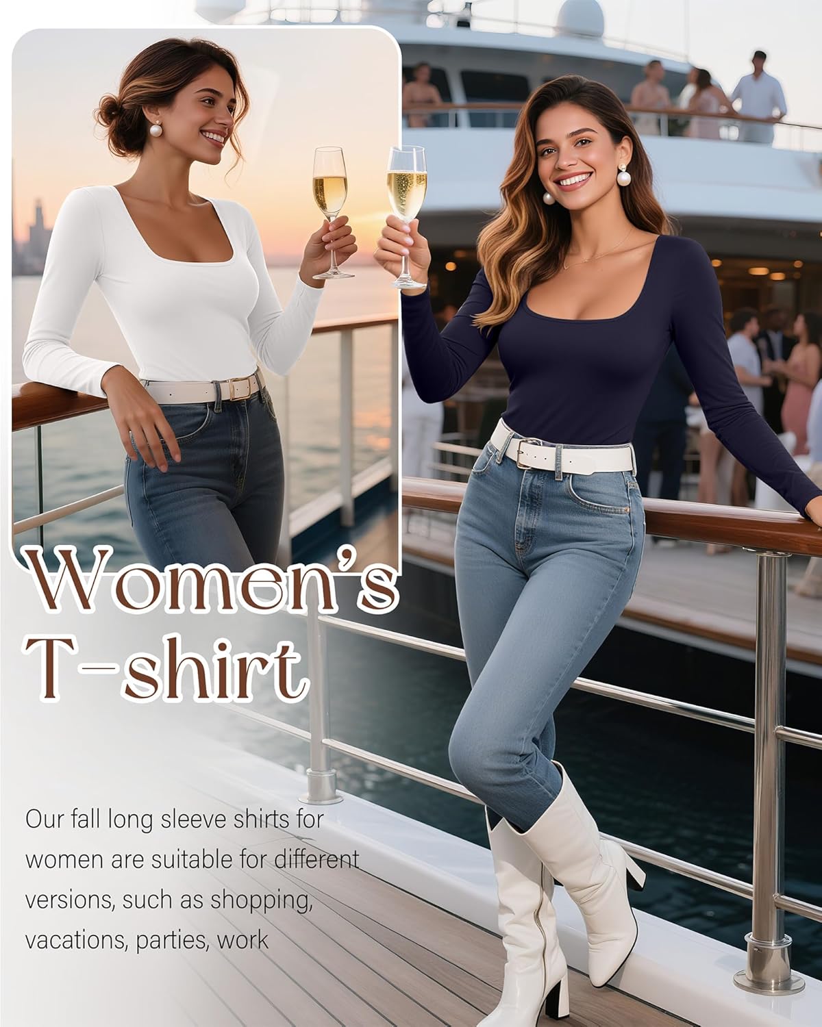 Huukeay 5 Pack Long Sleeve Shirts for Women Square Neck Tops Slim Multipack Casual Basic Tee Layer Undershirts - Image 4