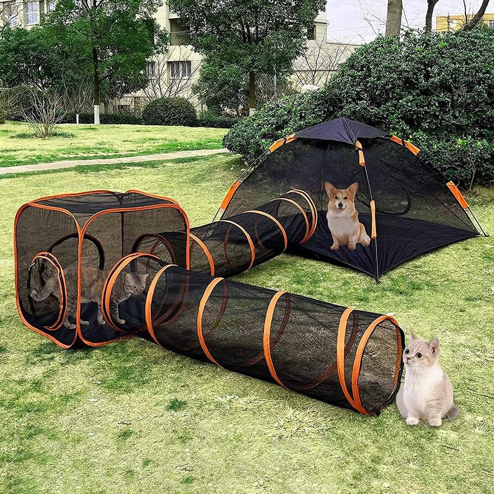 Tienda para Gatos 4 En 1 para Interior Y Exterior, Recintos para Gatos Al Aire Libre con Túnel De Gato, Parque Portátil para Gatos Carpas De Juego
