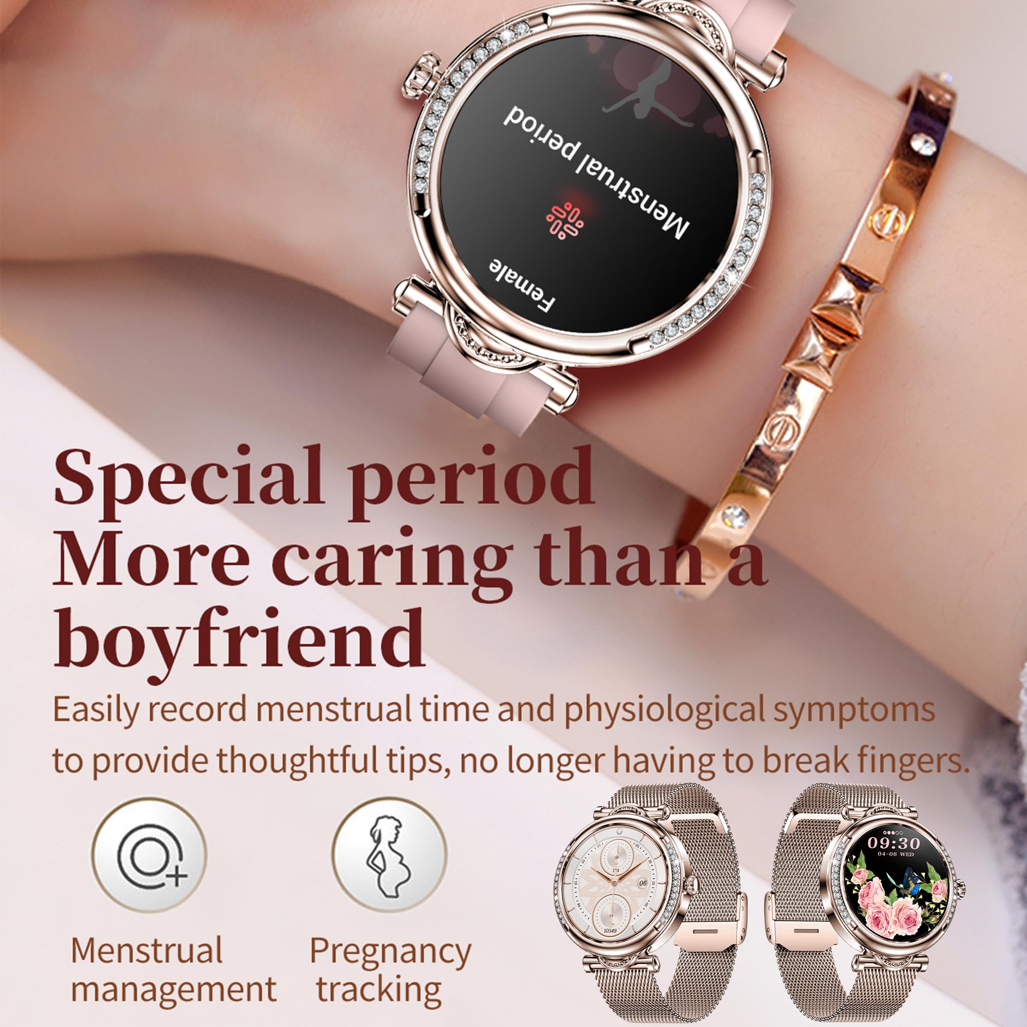 Smartwatche Kobiety z Funkcje Telefonu Bluetooth Sportowy Smart Watch 1,27 AMOLED ze Diamanti 123 Sportowymi Odtwarzaczem Muzycznym Pomiarem Tętna Wodoodpornością IP68 dla Android iOS (Złoto)