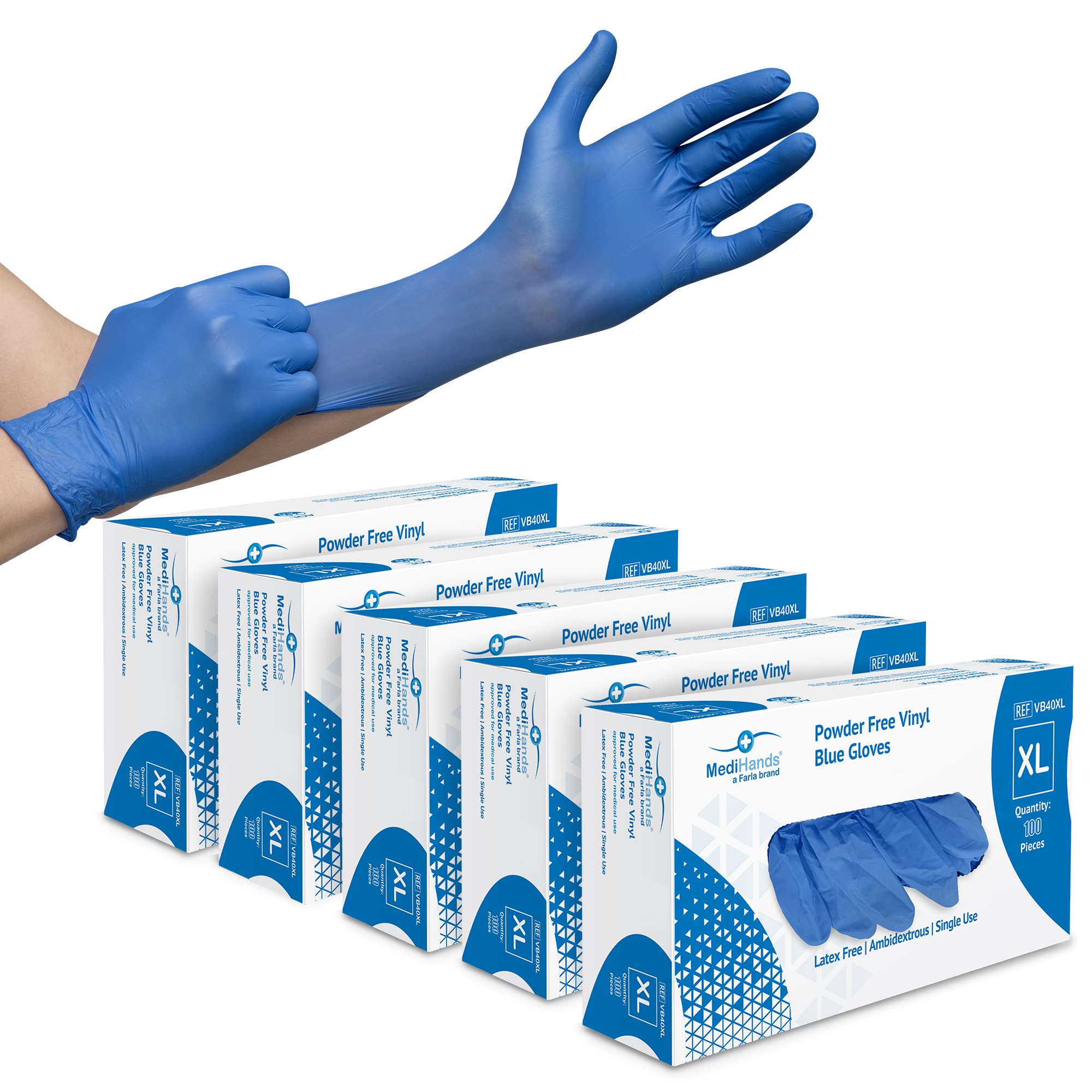 Farla MediHands Blue Extra Large Vinyl Examination Gloves - Box of 500 Disposable, Powder-Free, Latex-Free, Protein-Free Medical Gloves - Multi-Purpose, Single-Use