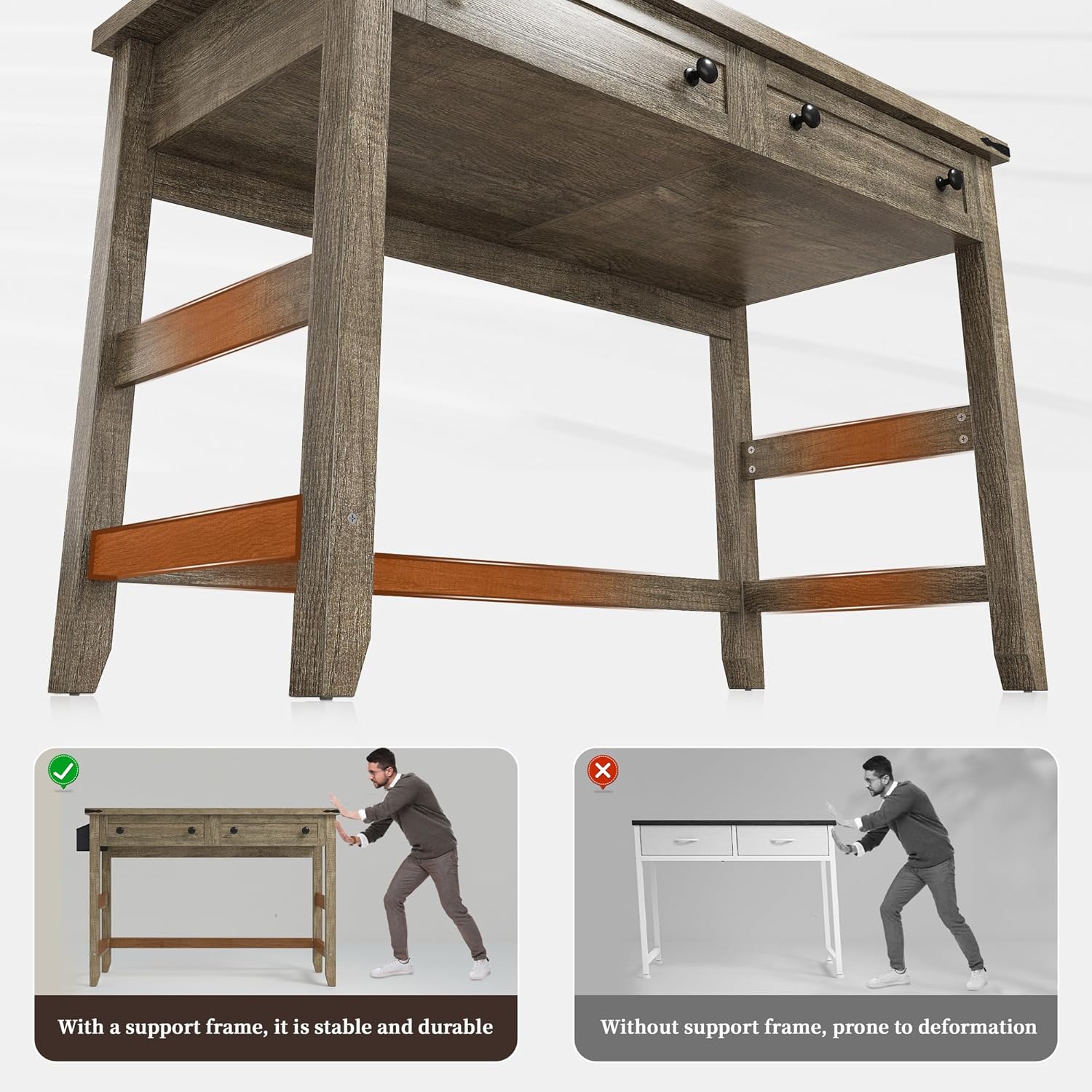 Image illustrating the stable and solid structure of the EnHomee desk, showing the thick wood legs and cross bars for enhanced durability.