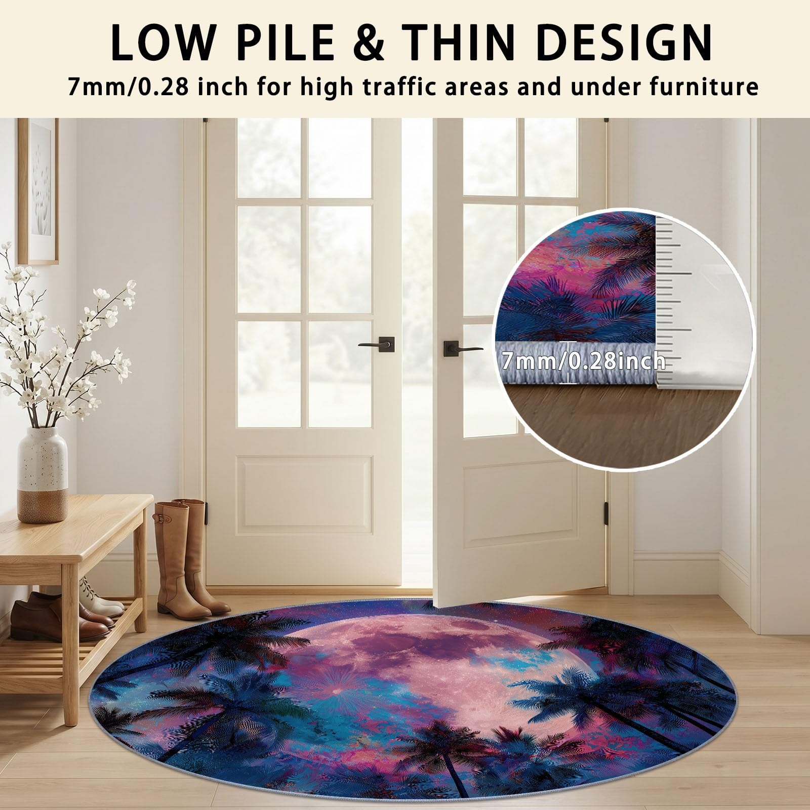Tapis Rond 150 cm, Tapis Psychédélique Lune Étoiles Arbres Lavable en Machine pour Salon - Cercle antidérapant - Multicolore imprimé pour Salle à Manger Chambre d’Enfant nurserie