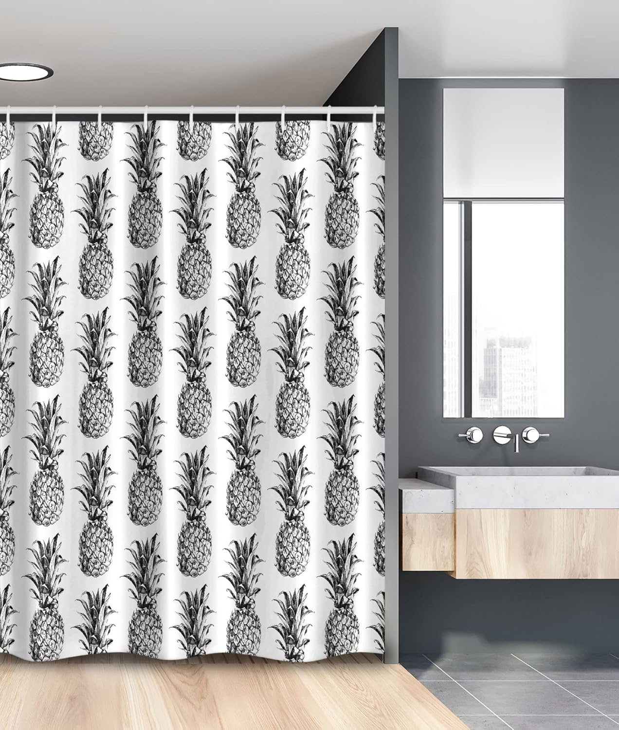Ambesonne Pineapple Stall Shower Curtain, Hand Drawn Tropical Theme Vintage Style Pineapple Fruit Pattern, Fabric Bathroom Decor Set with Hooks, 54" W x 78" L, Black Grey White
