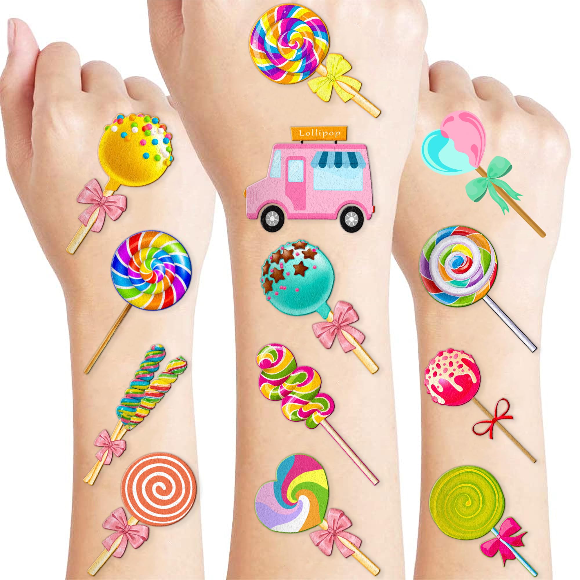 96 PCS Lollipop Candyland Pre-Cut Temporary Tattoos Themed Birthday Party Decorations Favors Supplies Decor Colorful Candy Sweet Xmas Tattoo Stickers