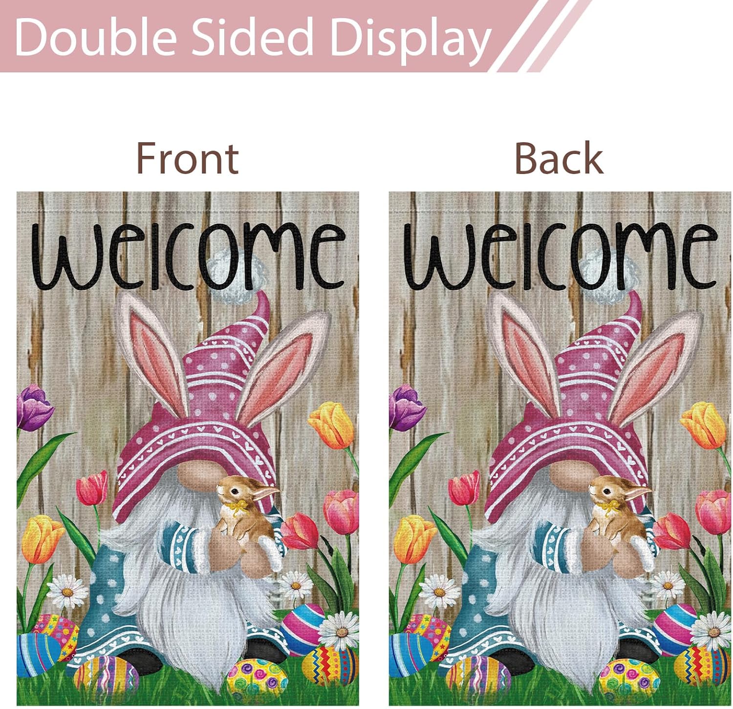 Welcome Easter Gnome Garden Flag 12x18 Double Sided Burlap, Funny Bunny Floral Small Yard Flag Banner for Holiday Farmhouse Outdoor Decor (ONLY FLAG) - Image 6