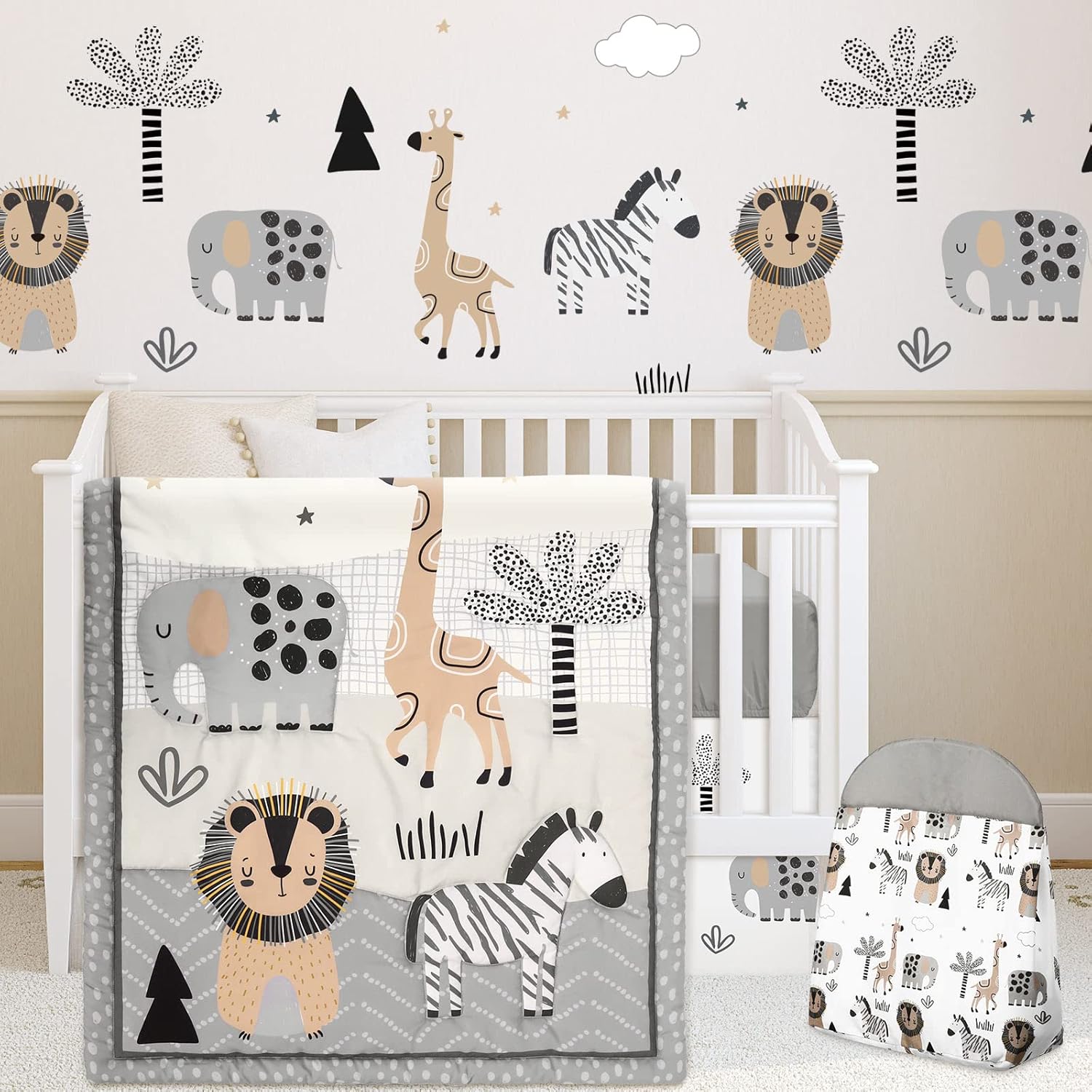 4 Piece Woodland Forest Animals Crib Bedding Set, Including Jungle Safari Crib Skirt, Blanket, Nursery Bed Sheet and Diaper Stacker, Soft Neutral Nursery Standard Size Baby Bedding for Baby Girls Boys
