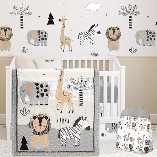 Miniatura 2 de Juego de ropa de cama de 4 piezas para cuna, incluye falda de cuna de safari en la selva, manta, sábana de cama de guardería y apilador de pañales,
