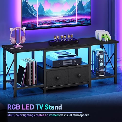 Miniatura 4 de Soporte de TV pequeño con luces LED, centro de entretenimiento con 2 cajones de tela y estantes de malla, mesa consola de TV multimedia para