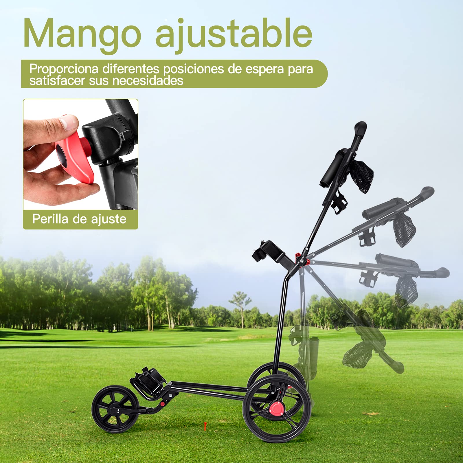 GYMAX Carro de Golf Plegable, 3 Ruedas, Red de Malla, Soporte Paraguas, Hierro, Negro