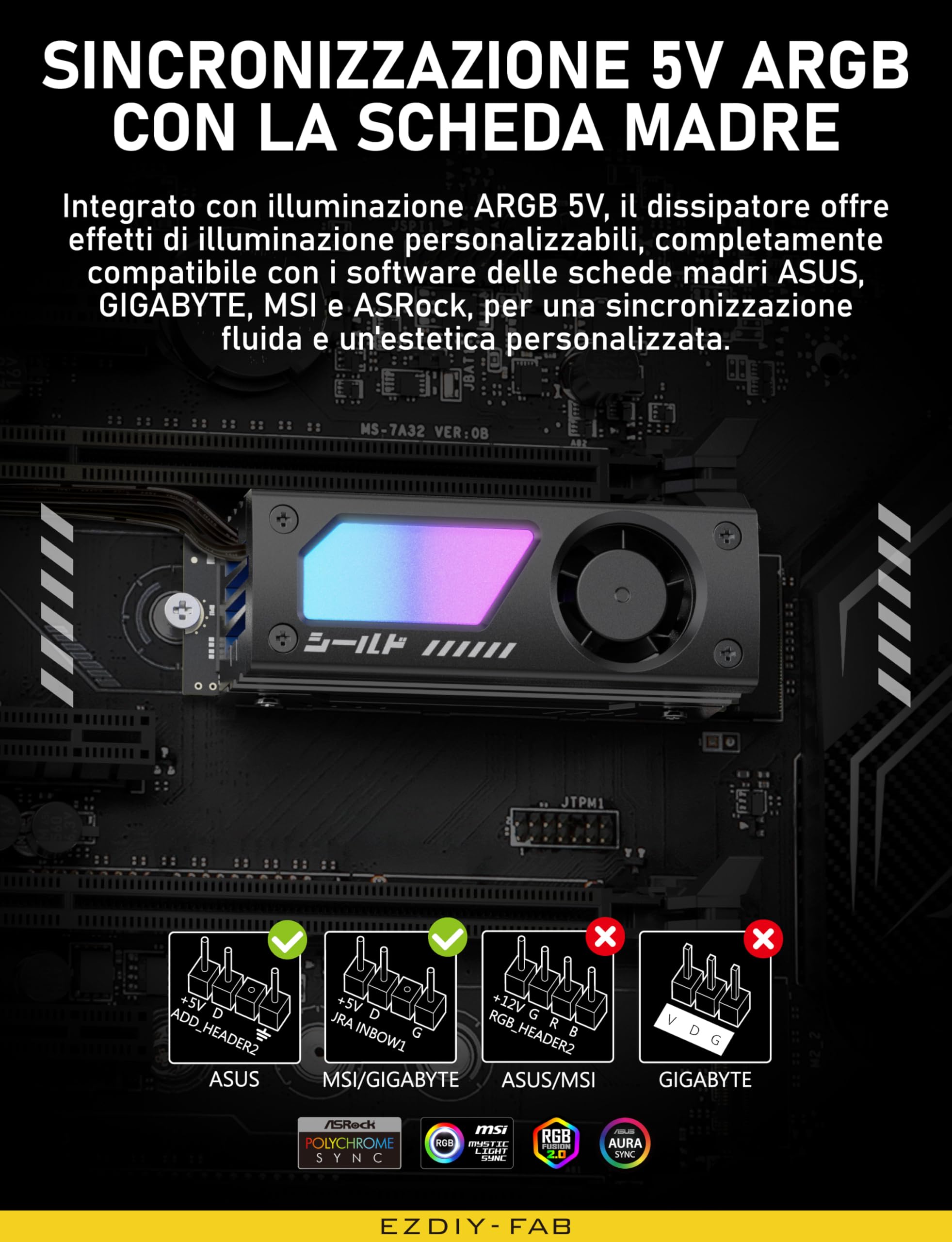 EZDIY-FAB Shield ARGB Dissipatore M.2 SSD con Ventola PWM da 20mm, Design in Alluminio Premium, Sincronizzazione ARGB 5V 3-Pin, Dissipatore Alta Prestazione per M.2 2280,Nero,1 Confezione