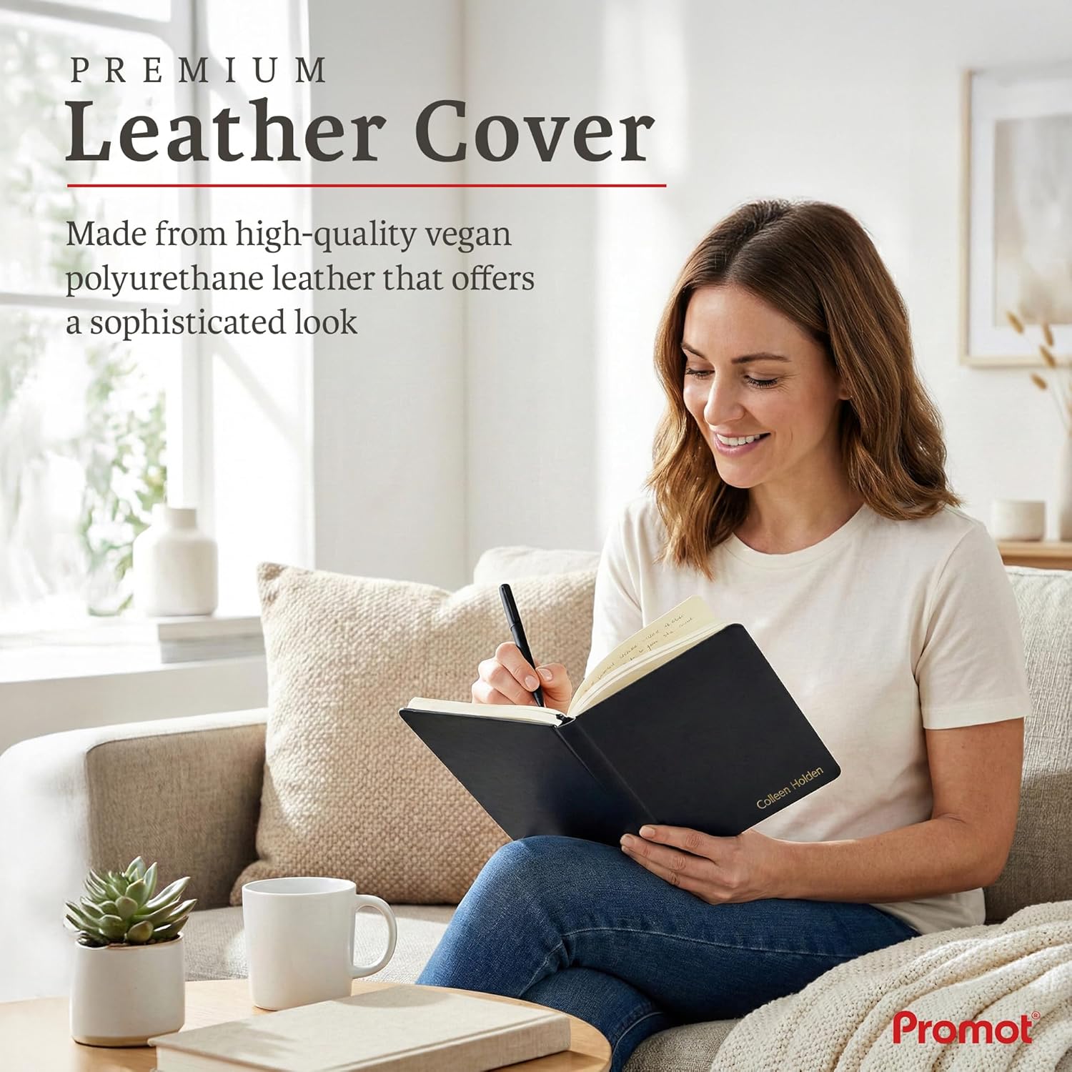 Promot Ruled Journal Notebook - Custom Embossed Text with Gold Metallic Foil - A5 Black 192 Lined Pages 8.2 x 5.5 Inch, 100 GSM, Pen Loop, Inner Pocket, Elastic Band, PU Leather Hardcover - Image 4