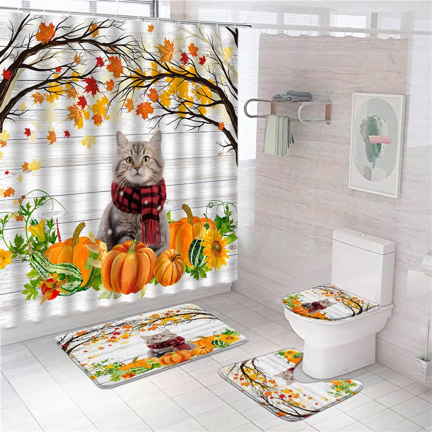 4Pcs Fall Shower Curtain Set with Bath Mat Funny Cat Punpkin Orange Maple Leaf Rustic Wooden Plank Autumn Tree Leaves Thanksgiving Harvest Farmhouse Bathroom Toilet Lid Cover Non-Slip Rugs 12 Hooks