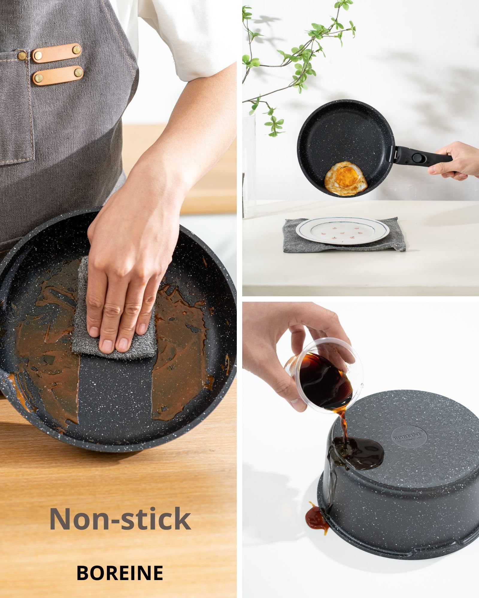 BOREINE Set di Pentole e Padelle 14 Pezzi, Batteria Pentole Antiaderente Senza PFOA e PTFE, Manico Removibile, Compatibile Induzione, Gas, Forno e Tutti i Piani Cottura, Nero