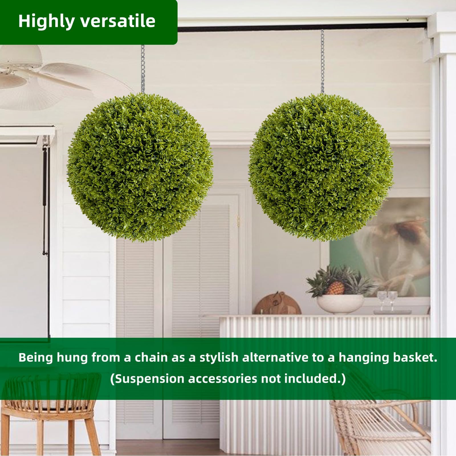 2er-Set Künstliche Buchsbaumkugel, groß Ø30 cm Buchsbaum Kugel mit Kette, UV-beständig Plastik Künstliche Pflanzen, dekorative Kugelpflanzen Formschnitt Kunstpflanze für Haus Büro Garten Hochzeit - A