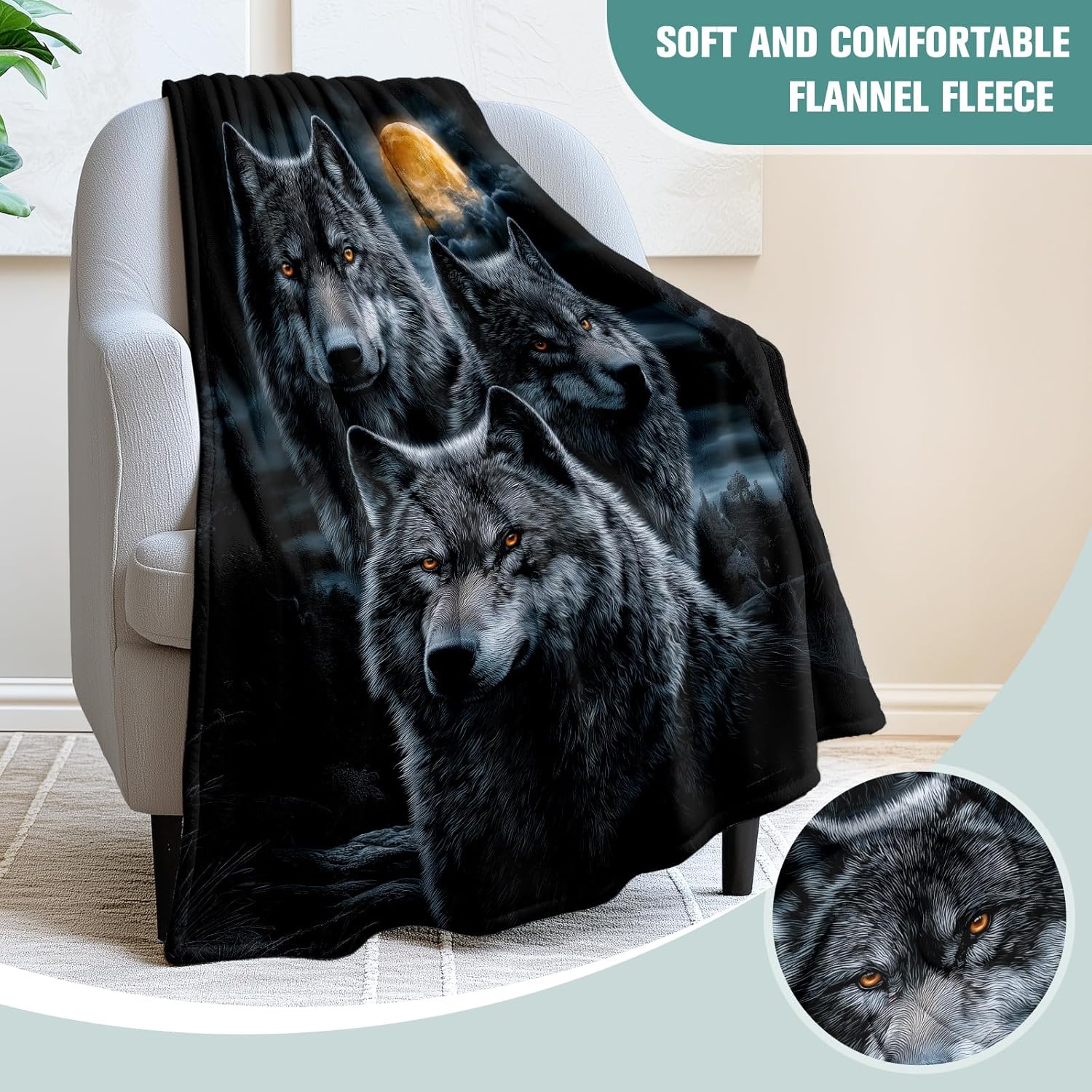 Moonlit Wolf Blanket for Men Soft Throw for Kids & Adults Wolves Under Moonlight Warm Blanket for Bed Couch Gift(60x80 Inch)