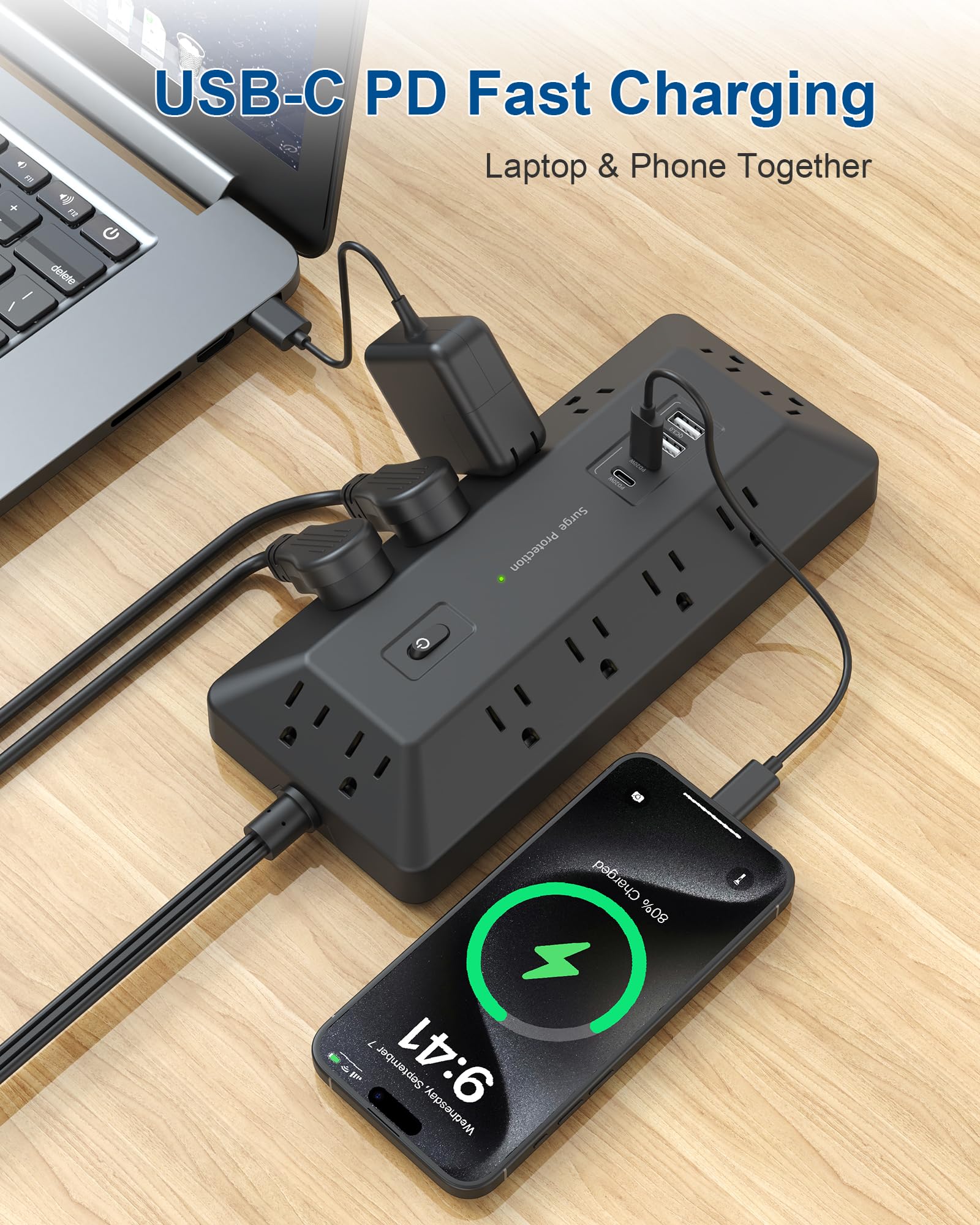 Regleta de alimentación de computadora con protección contra sobretensiones, 12 salidas de CA, 2 USB-C 2 USB-A, cable de extensión de enchufe plano de 6 pies para estación de carga de